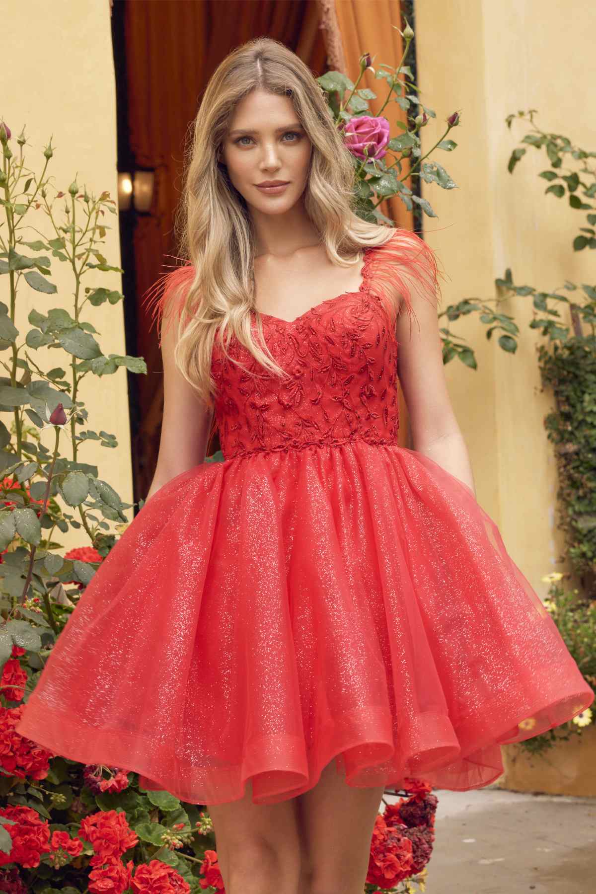 Juliet 881 Feather Straps Sheer Bodice Short A-line Tulle Dress by DiscountDressShop