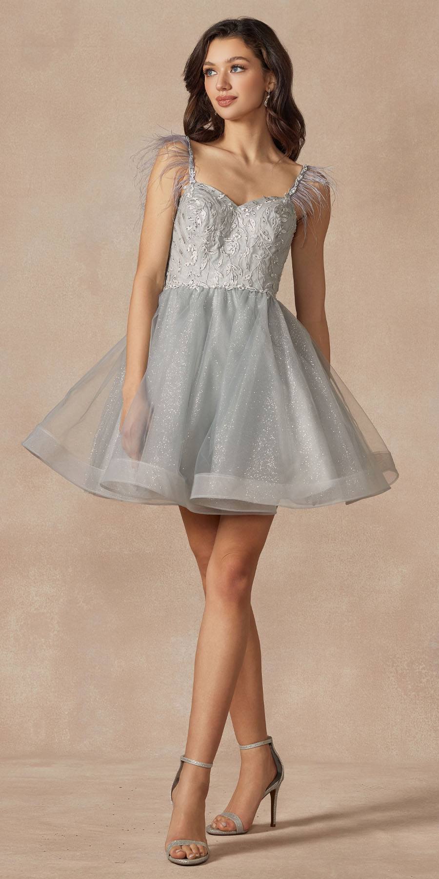 Juliet 881 Feather Straps Sheer Bodice Short A-line Tulle Dress by DiscountDressShop