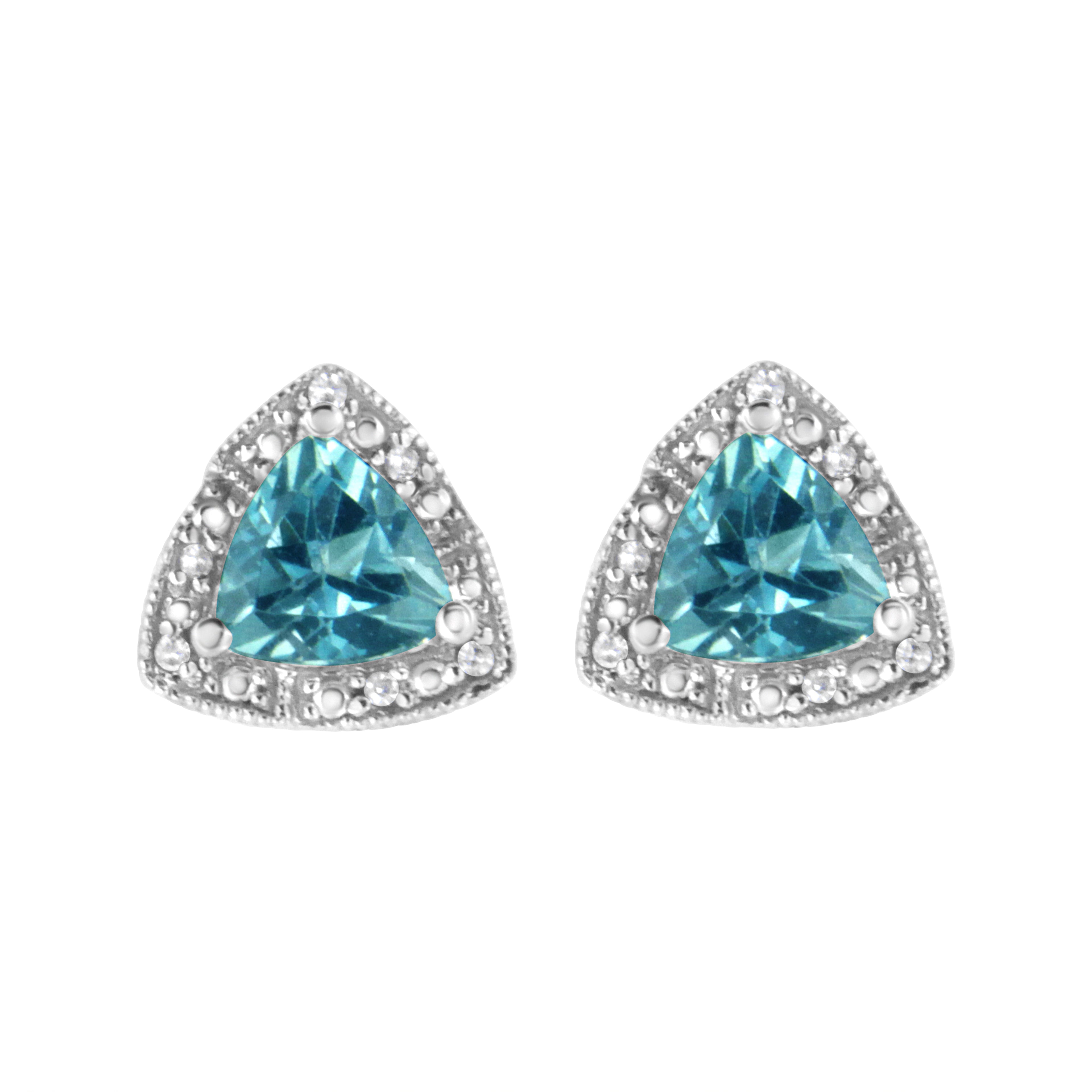 .925 Sterling Silver 6x6 mm Trillion Cut Blue Topaz Gemstone and Diamond Accent Stud Earring (I-J Color, I1-I2 Clarity) DestGlow