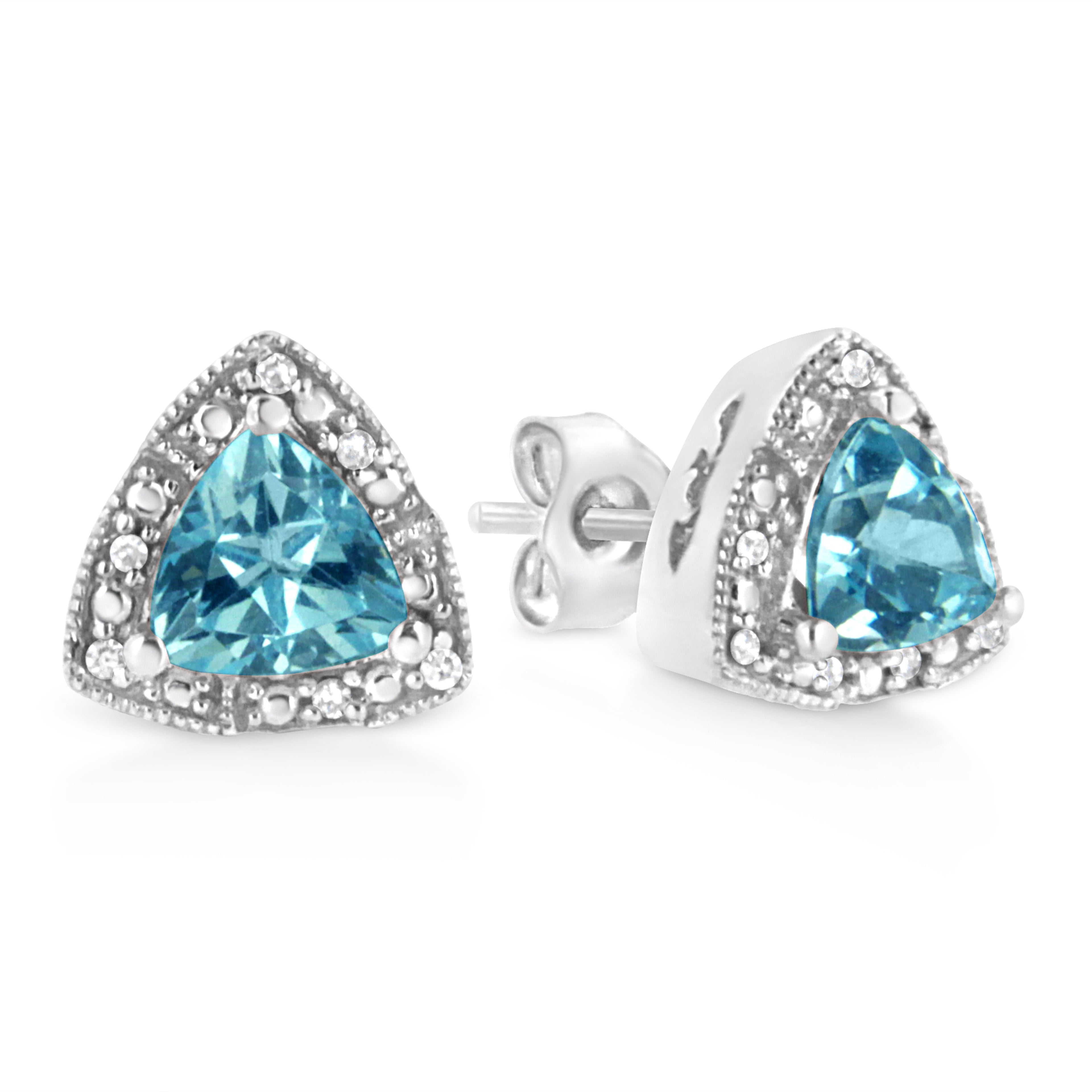 .925 Sterling Silver 6x6 mm Trillion Cut Blue Topaz Gemstone and Diamond Accent Stud Earring (I-J Color, I1-I2 Clarity) DestGlow