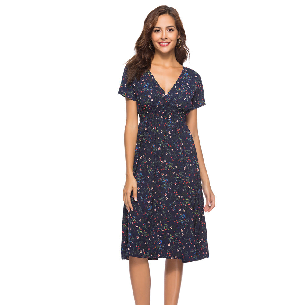 Spring Summer Chiffon Beach Dress Printed V neck Short Sleeve Dress Bohemian Dress DestGlow
