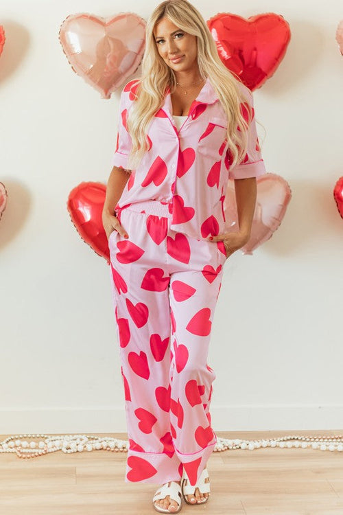 Women's Valentine's Day Pajama Set - Heart Print Short Sleeve Shirt & Pants