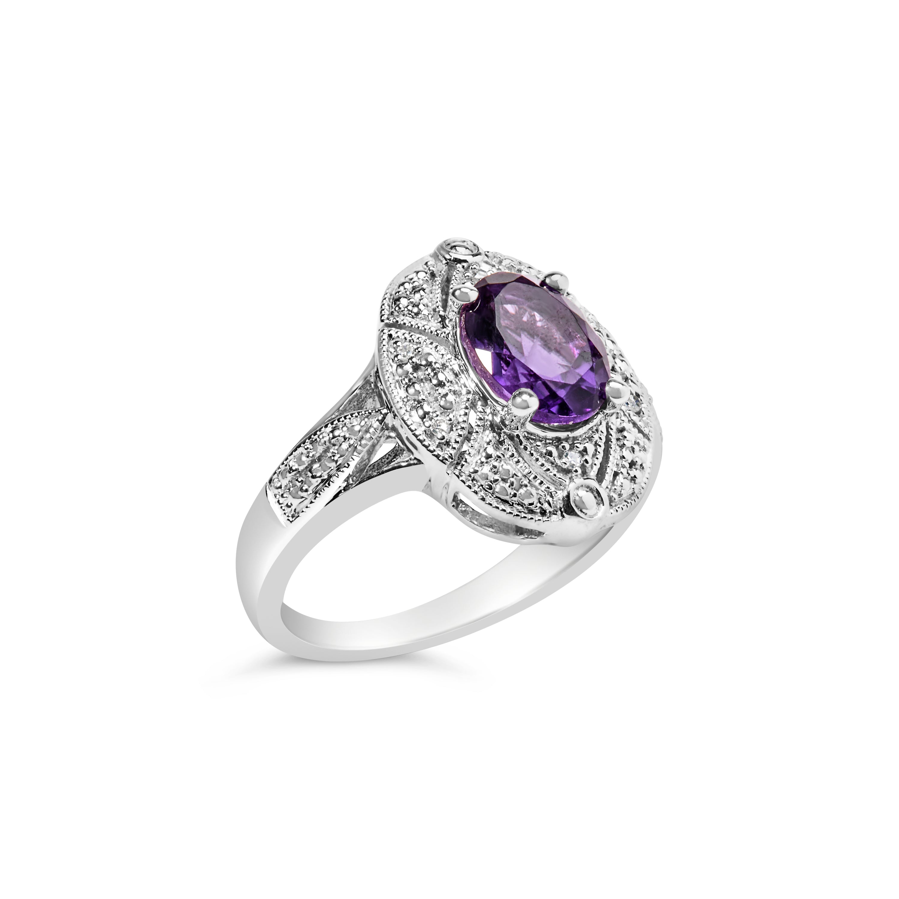 .925 Sterling Silver 9x7mm Oval Purple Amethyst and Diamond Accent Art Deco Style Cocktail Ring (I-J Color, I1-I2 Clarity) - Size 6 DestGlow