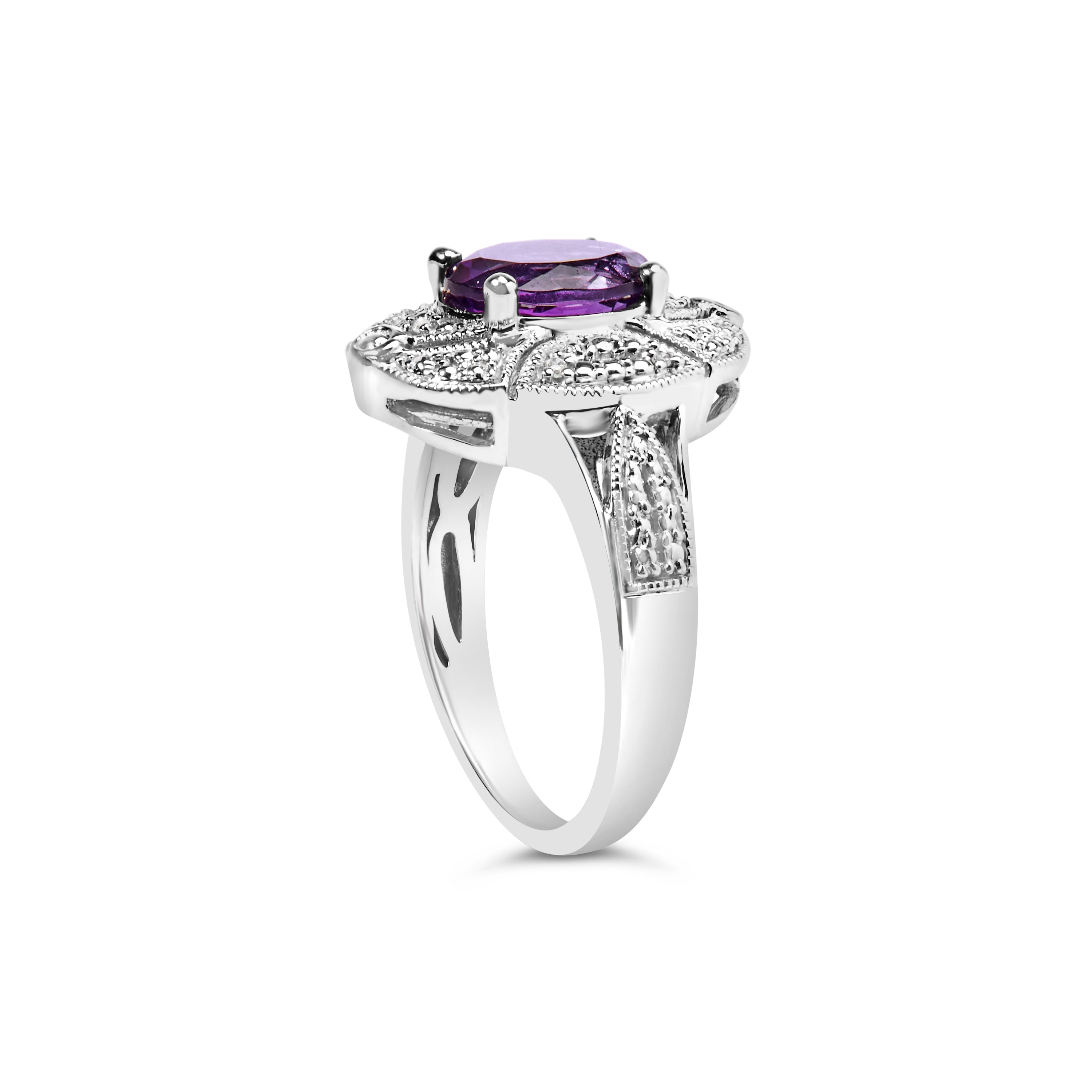 .925 Sterling Silver 9x7mm Oval Purple Amethyst and Diamond Accent Art Deco Style Cocktail Ring (I-J Color, I1-I2 Clarity) - Size 6 DestGlow