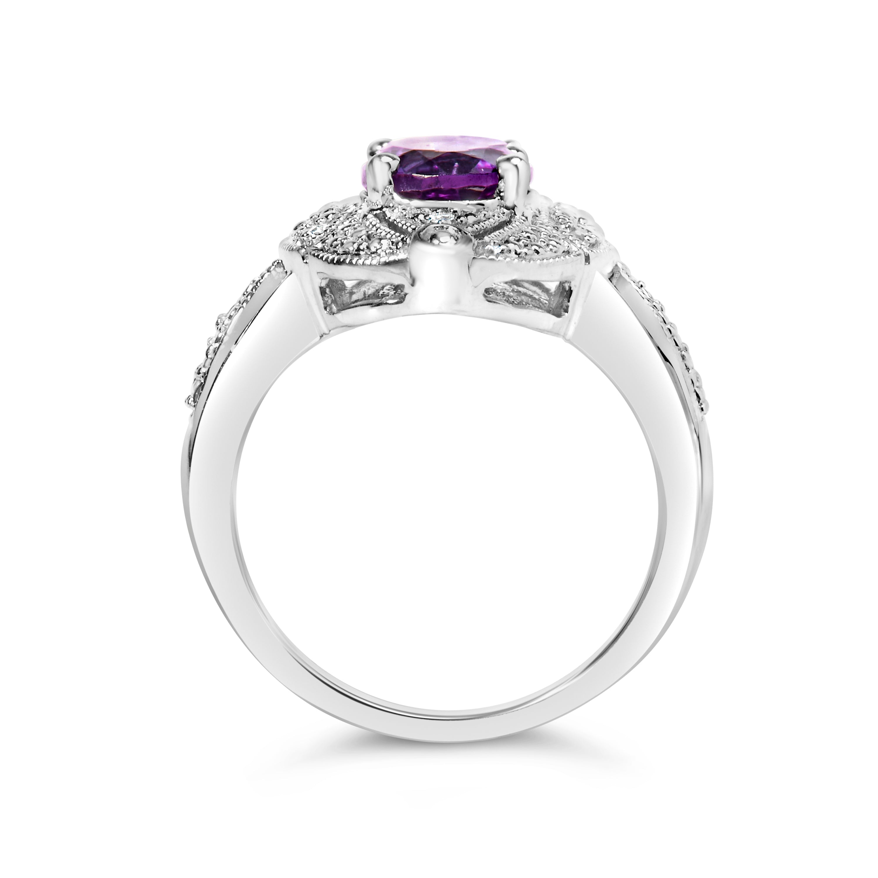 .925 Sterling Silver 9x7mm Oval Purple Amethyst and Diamond Accent Art Deco Style Cocktail Ring (I-J Color, I1-I2 Clarity) - Size 6 DestGlow