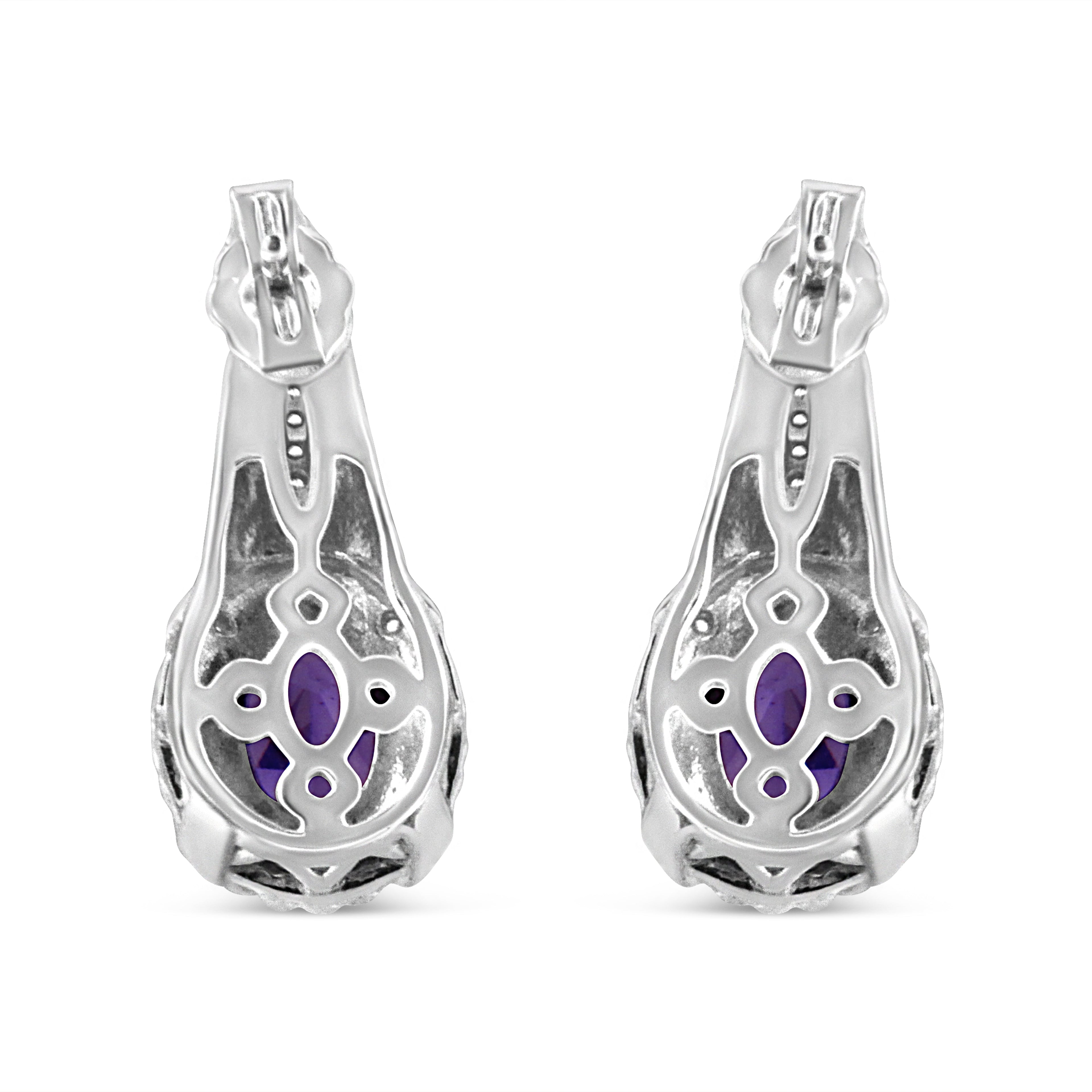 .925 Sterling Silver 8x6 MM Natural Oval Purple Amethyst Gemstone and Diamond Accent Art Deco Style Drop and Dangle Earrings (I-J Color, I1-I2 Clarity) by Bids.com