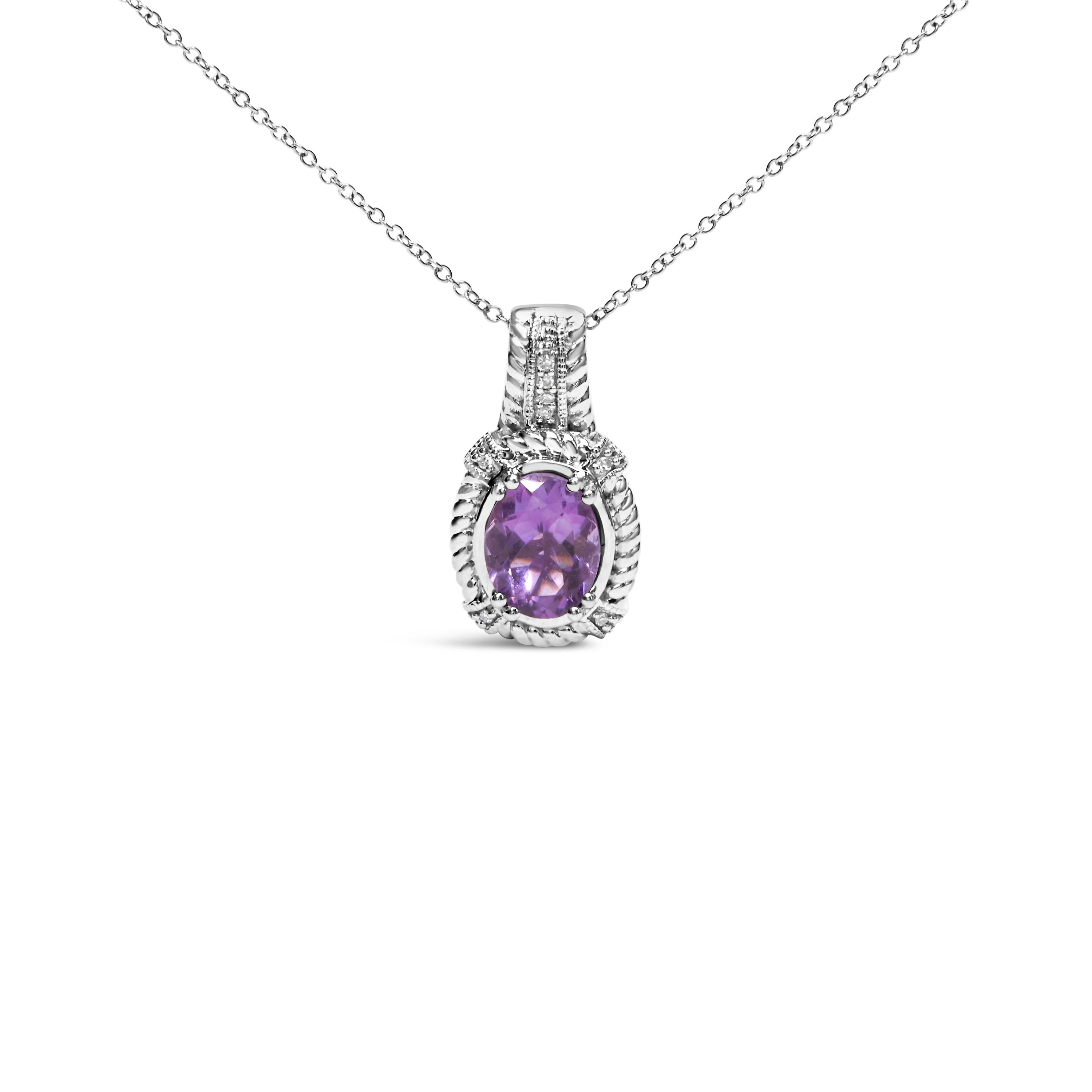 .925 Sterling Silver 9x7mm Oval Purple Amethyst and Round Diamond Accent Fashion Drop Pendant 18 Inch Necklace (I-J Color, I1-I2 Clarity) DestGlow