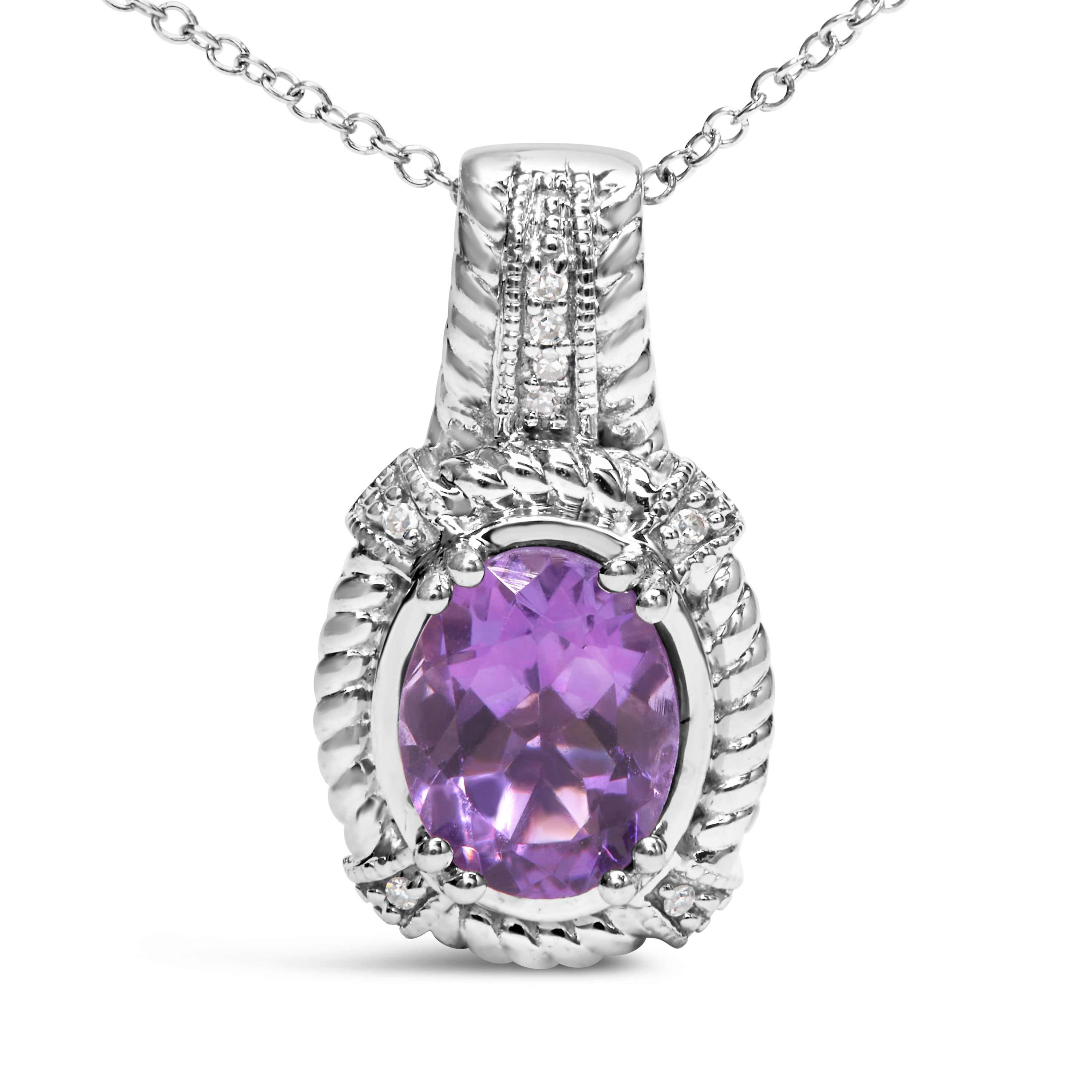 .925 Sterling Silver 9x7mm Oval Purple Amethyst and Round Diamond Accent Fashion Drop Pendant 18 Inch Necklace (I-J Color, I1-I2 Clarity) DestGlow