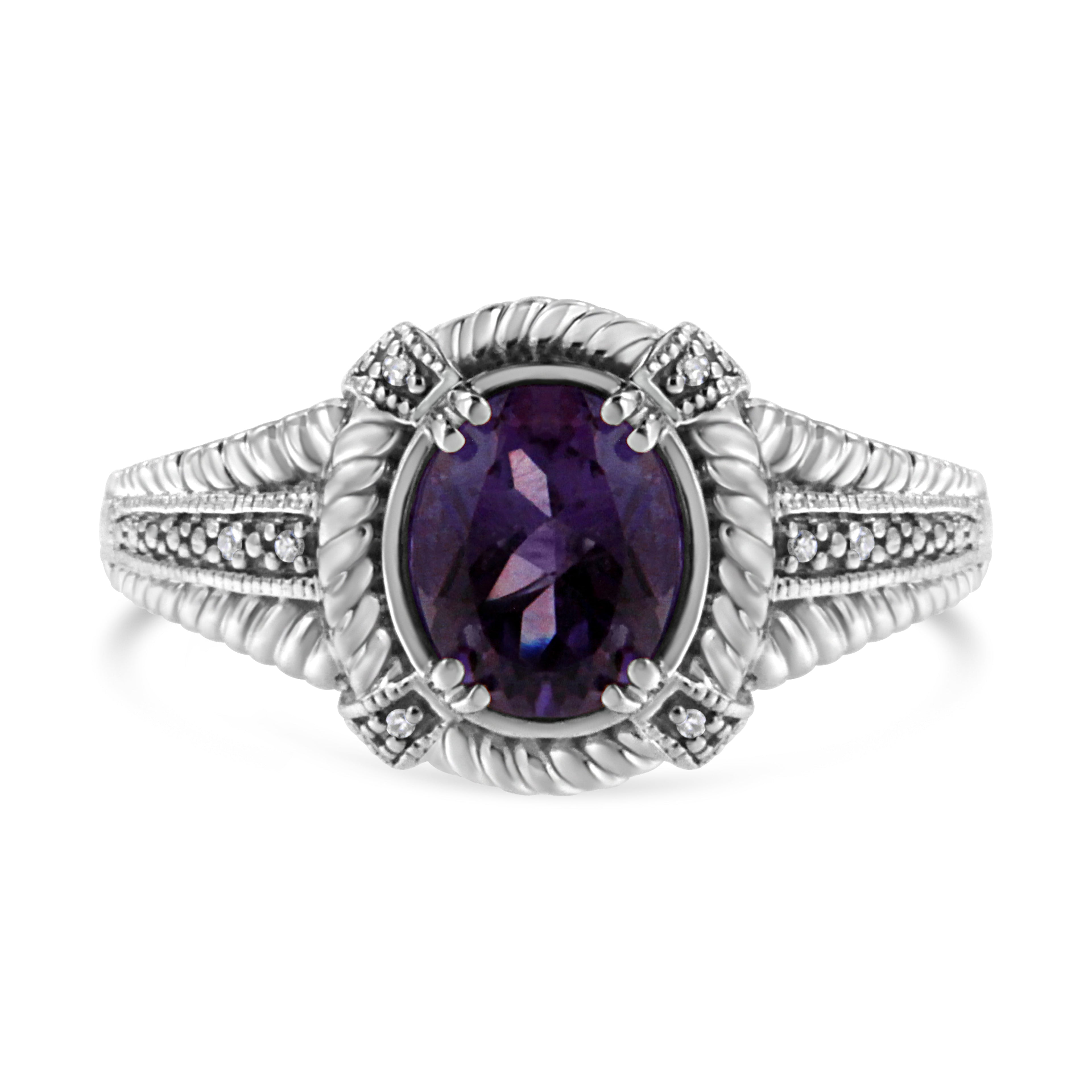.925 Sterling Silver Prong Set Natural Oval Shape 9X7 MM Purple Amethyst Solitaire and Diamond Accent Ring (I-J Color, I1-I2 Clarity) - Ring Size 7 DestGlow