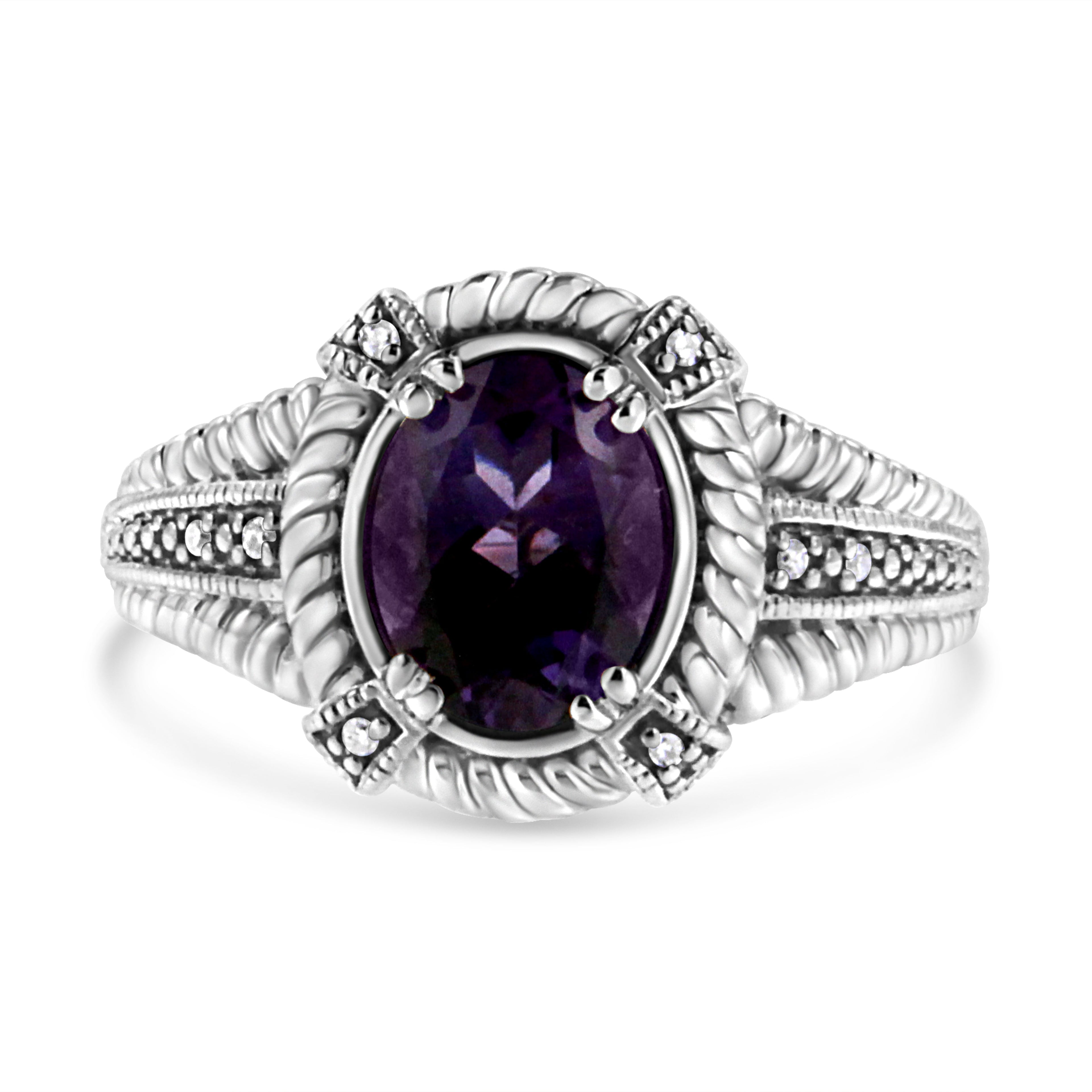 .925 Sterling Silver Prong Set Natural Oval Shape 9X7 MM Purple Amethyst Solitaire and Diamond Accent Ring (I-J Color, I1-I2 Clarity) - Ring Size 7 DestGlow