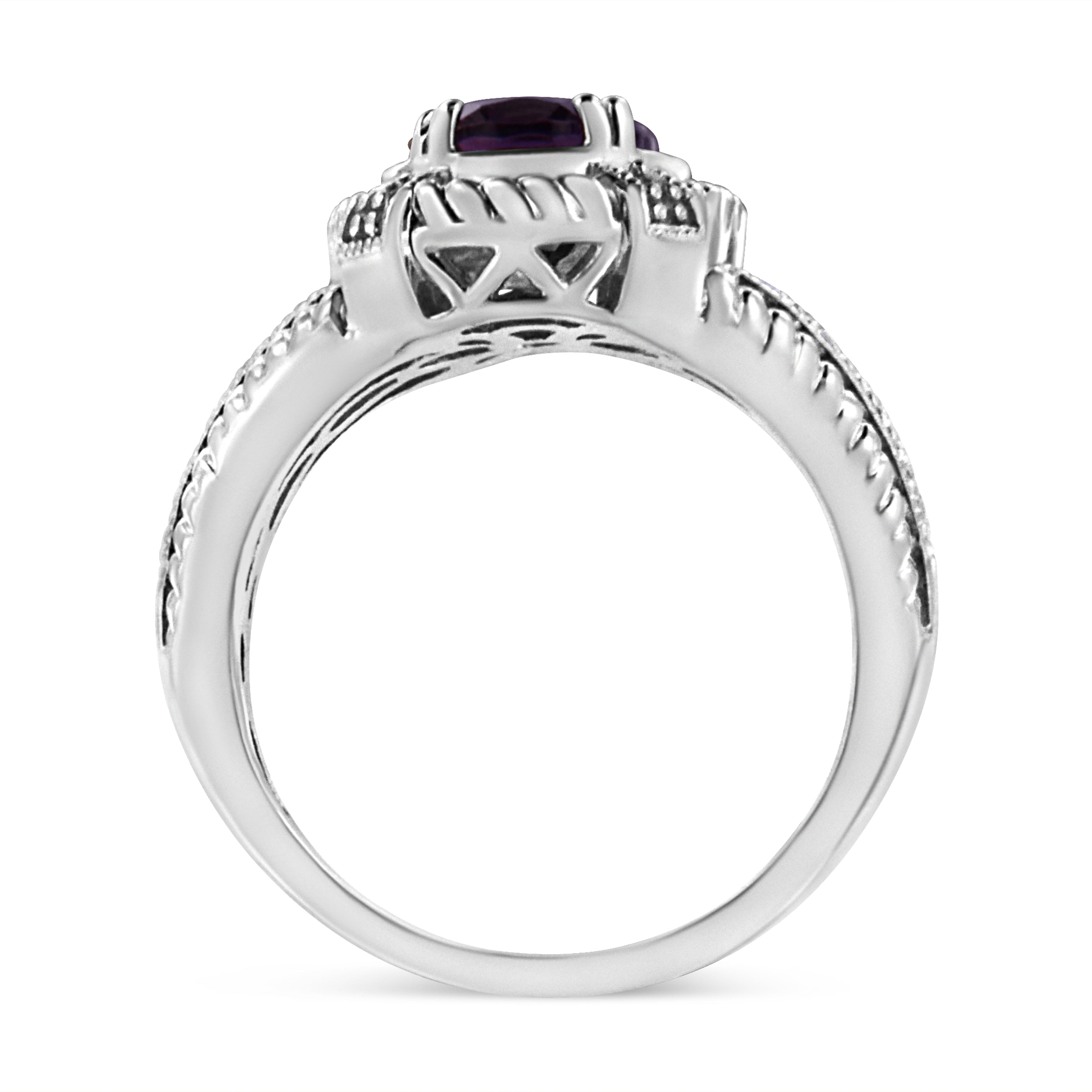 .925 Sterling Silver Prong Set Natural Oval Shape 9X7 MM Purple Amethyst Solitaire and Diamond Accent Ring (I-J Color, I1-I2 Clarity) - Ring Size 7 DestGlow