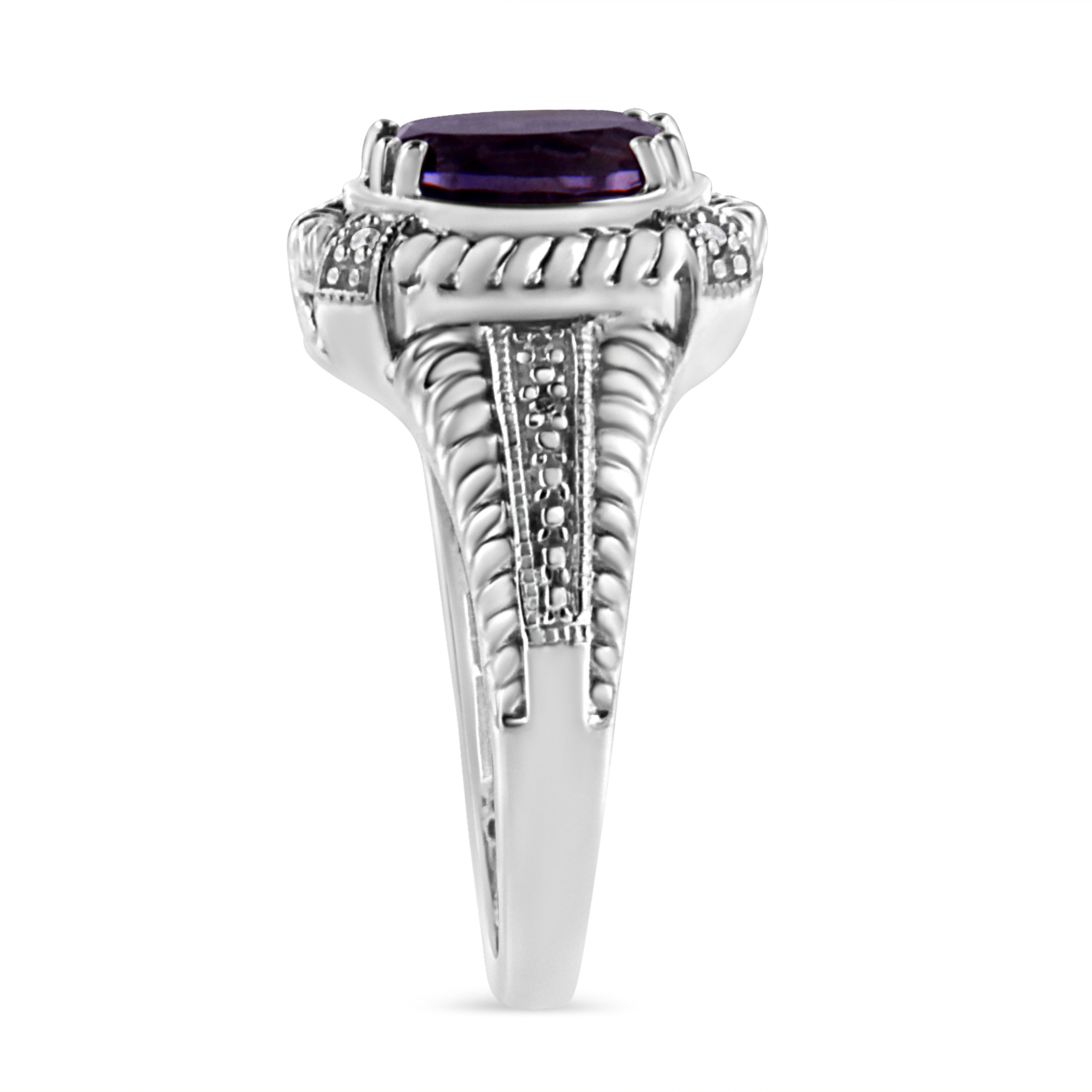 .925 Sterling Silver Prong Set Natural Oval Shape 9X7 MM Purple Amethyst Solitaire and Diamond Accent Ring (I-J Color, I1-I2 Clarity) - Ring Size 7 DestGlow