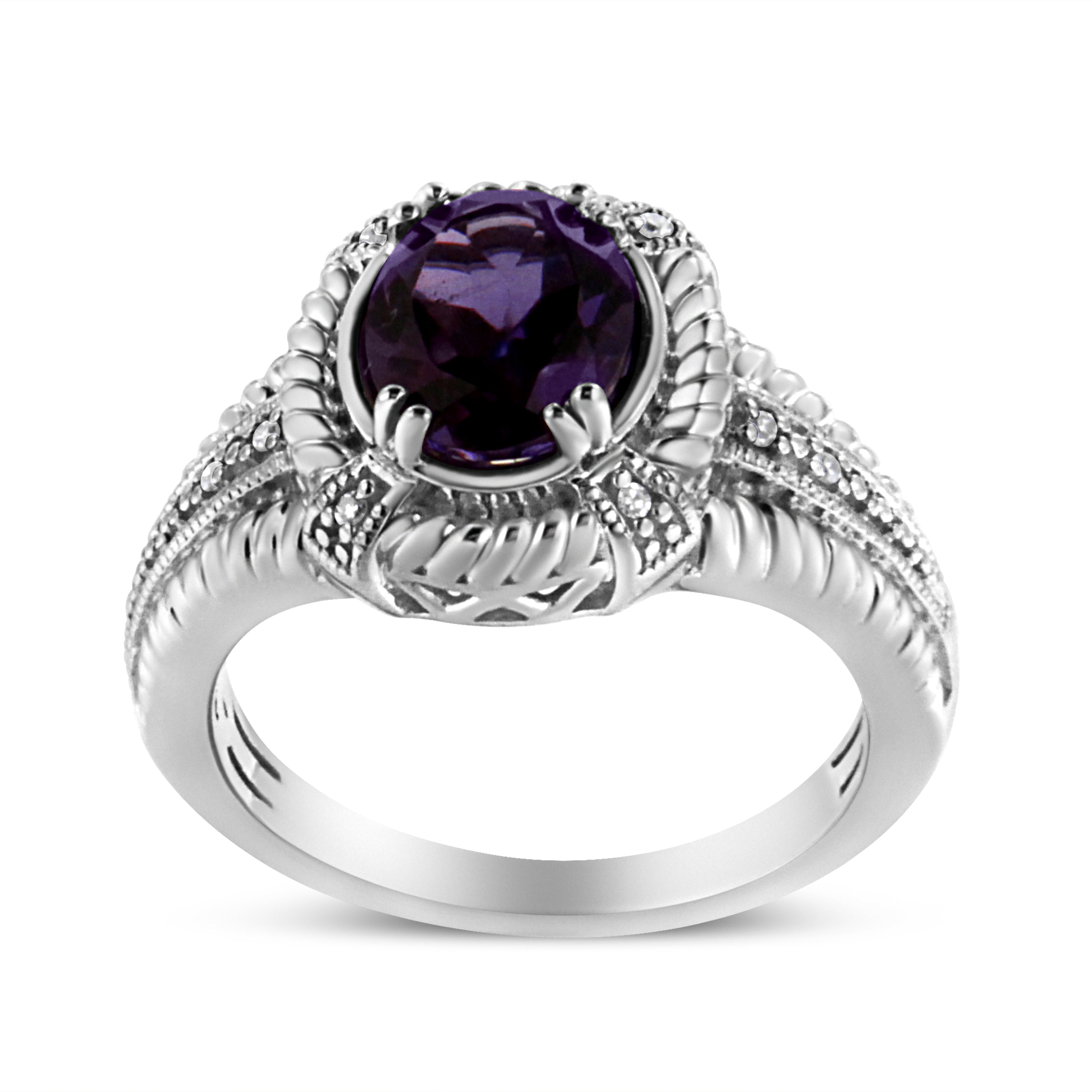.925 Sterling Silver Prong Set Natural Oval Shape 9X7 MM Purple Amethyst Solitaire and Diamond Accent Ring (I-J Color, I1-I2 Clarity) - Ring Size 7 DestGlow
