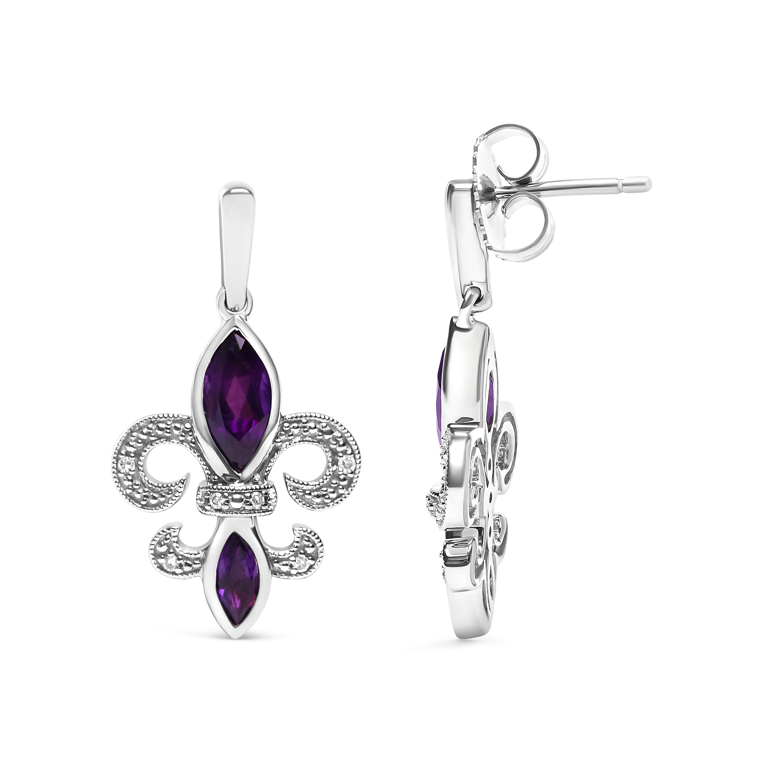 .925 Sterling Silver Marquise Cut Amethyst and Diamond Accent Fleur De Lis Dangle Stud Earrings (H-I Color, SI1-SI2 Clarity) DestGlow