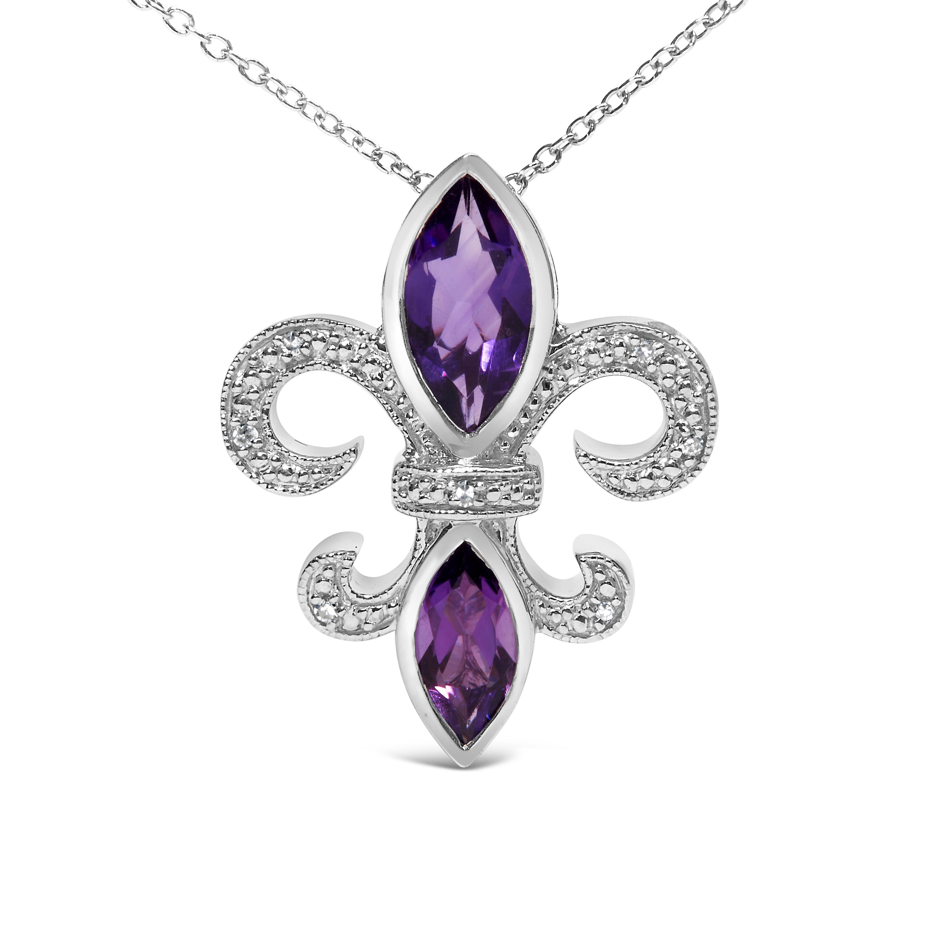.925 Sterling Silver Purple Amethyst Marquise and Diamond Accent Fleur De Lis Pendant Necklace (H-I Color, SI1-SI2 Clarity) - Size 18" DestGlow