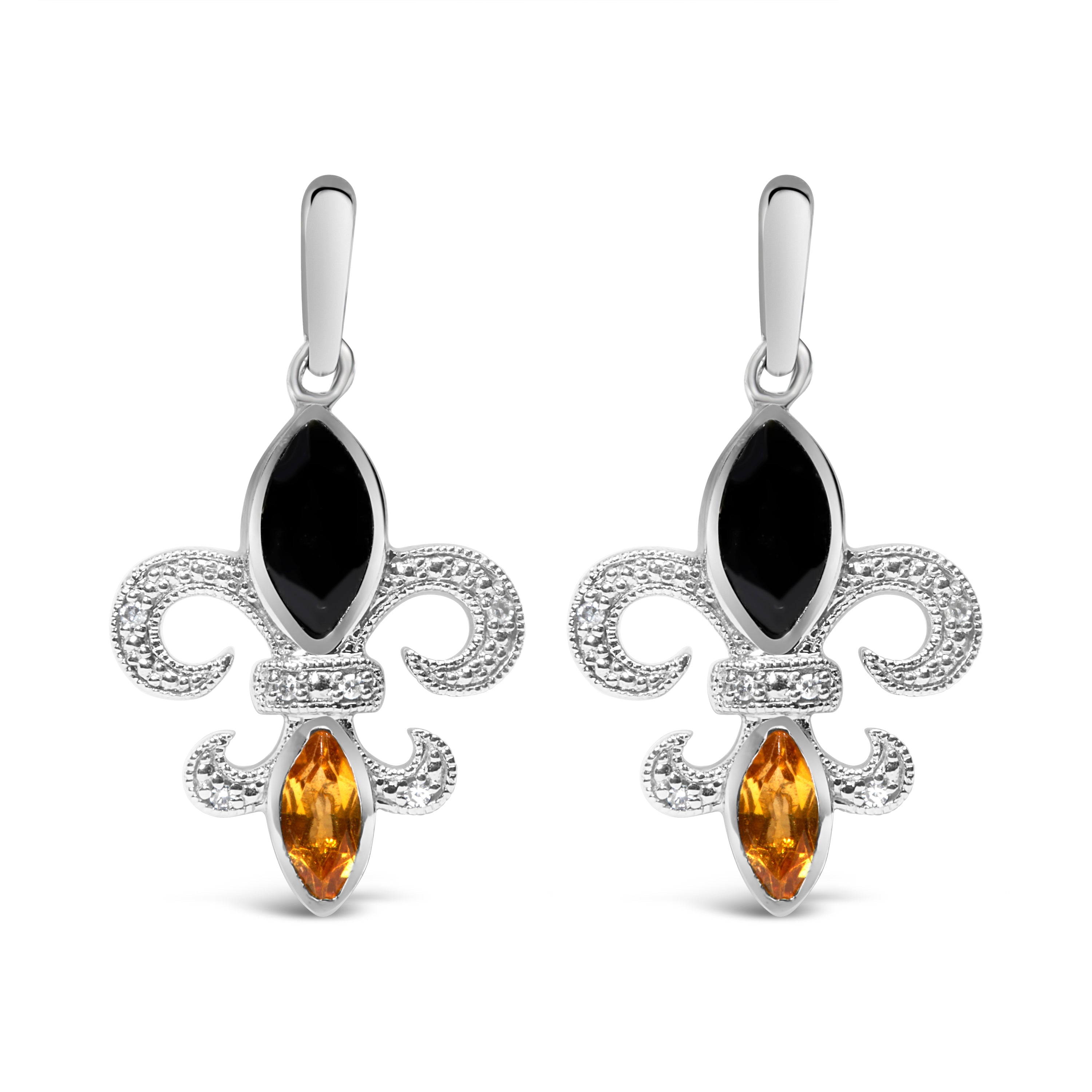 .925 Sterling Silver Marquise Cut Onyx and Citrine with Diamond Accent Fleur De Lis Drop Stud Earrings (H-I Color, SI1-SI2 Clarity) DestGlow