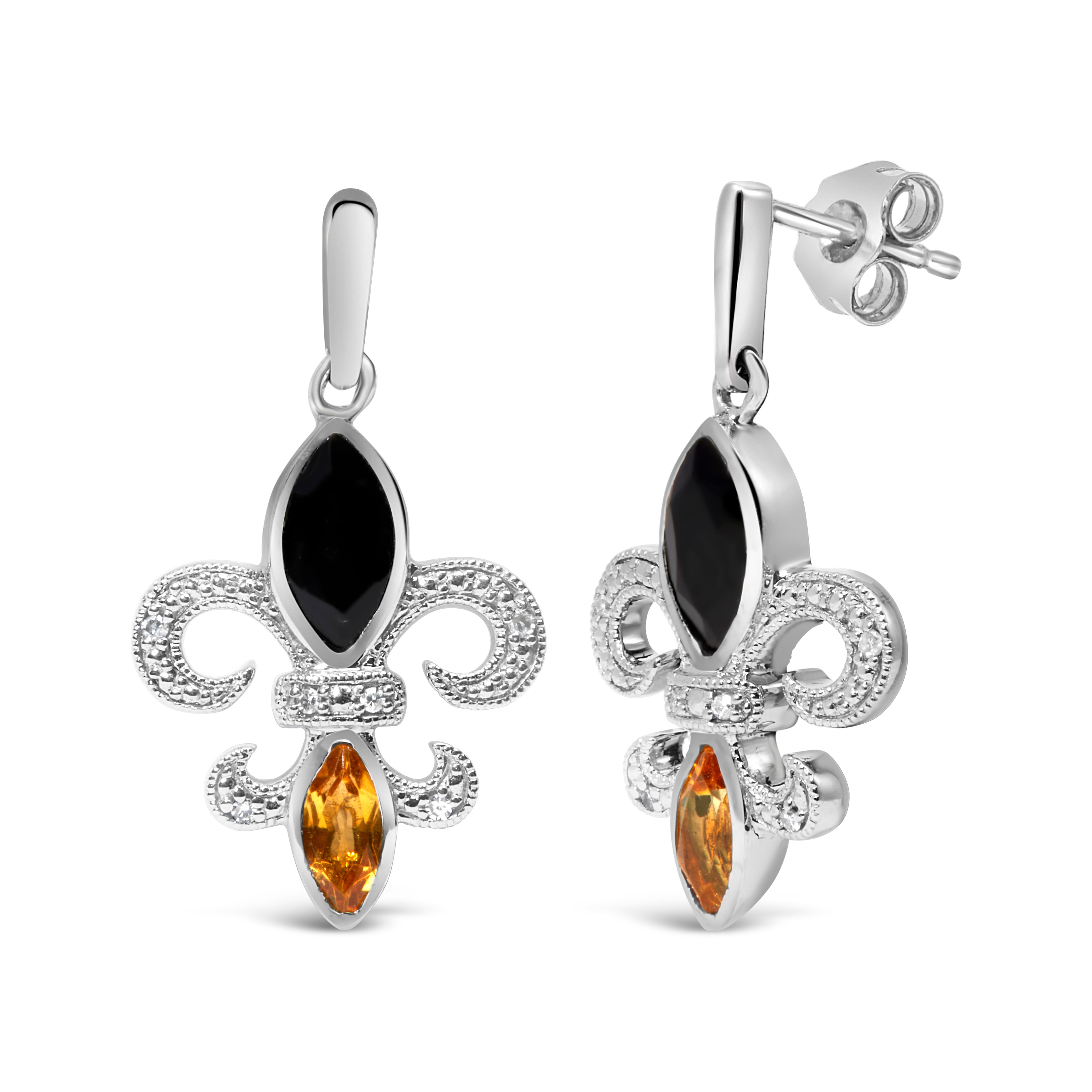 .925 Sterling Silver Marquise Cut Onyx and Citrine with Diamond Accent Fleur De Lis Drop Stud Earrings (H-I Color, SI1-SI2 Clarity) DestGlow