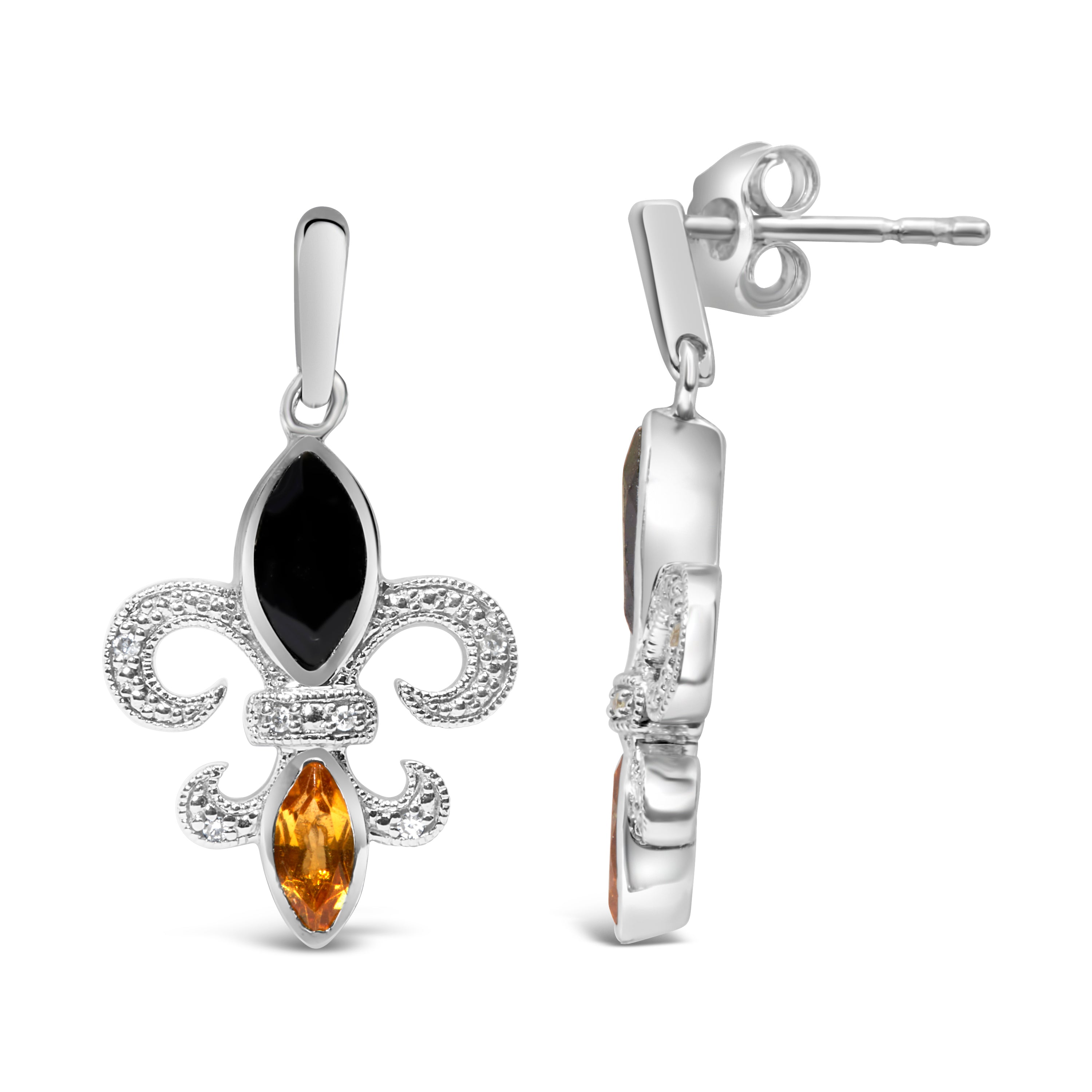 .925 Sterling Silver Marquise Cut Onyx and Citrine with Diamond Accent Fleur De Lis Drop Stud Earrings (H-I Color, SI1-SI2 Clarity) DestGlow