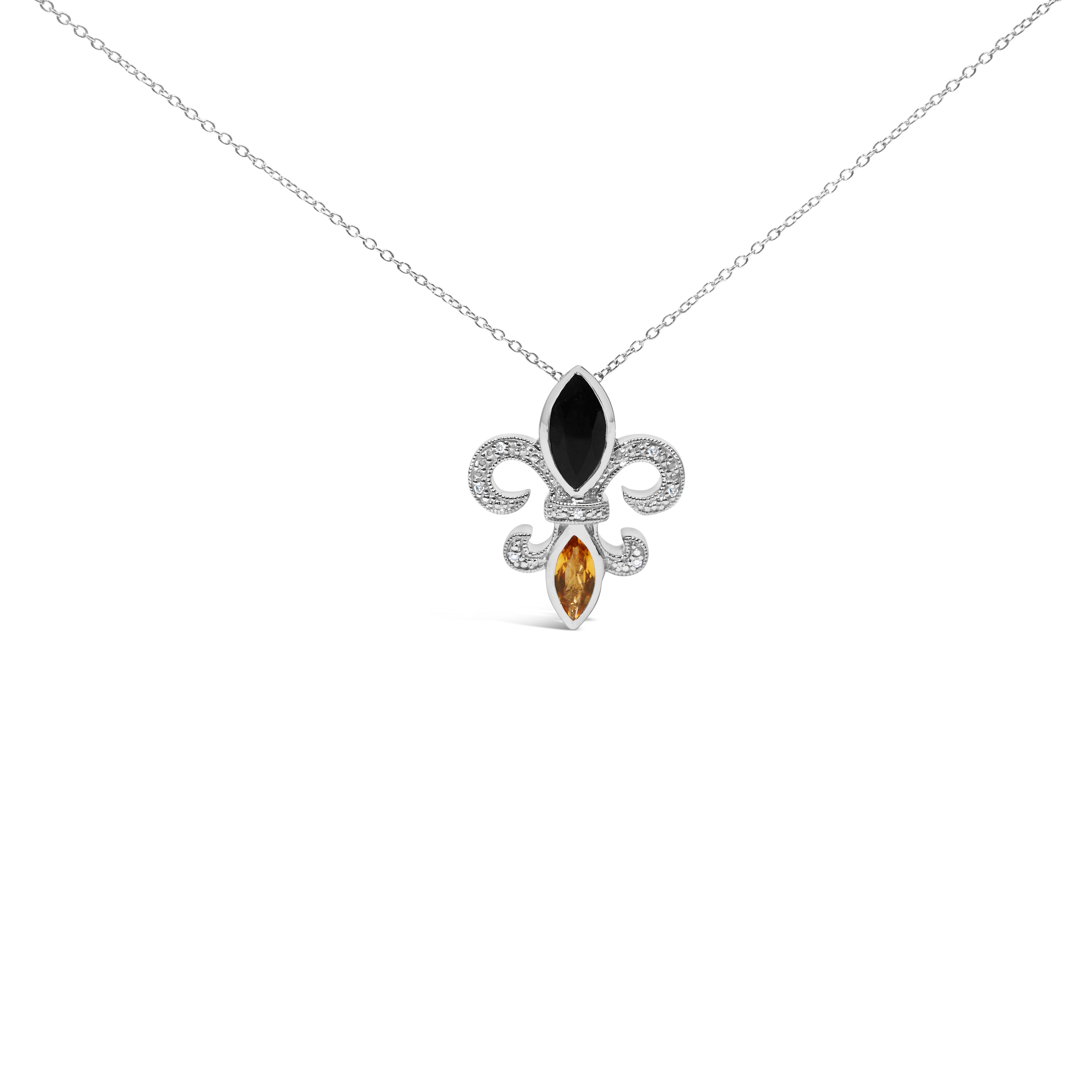 .925 Sterling Silver Marquise Onyx and Citrine and Diamond Accent Fleur De Lis Pendant Necklace (H-I Color, SI1-SI2 Clarity) - 18" DestGlow