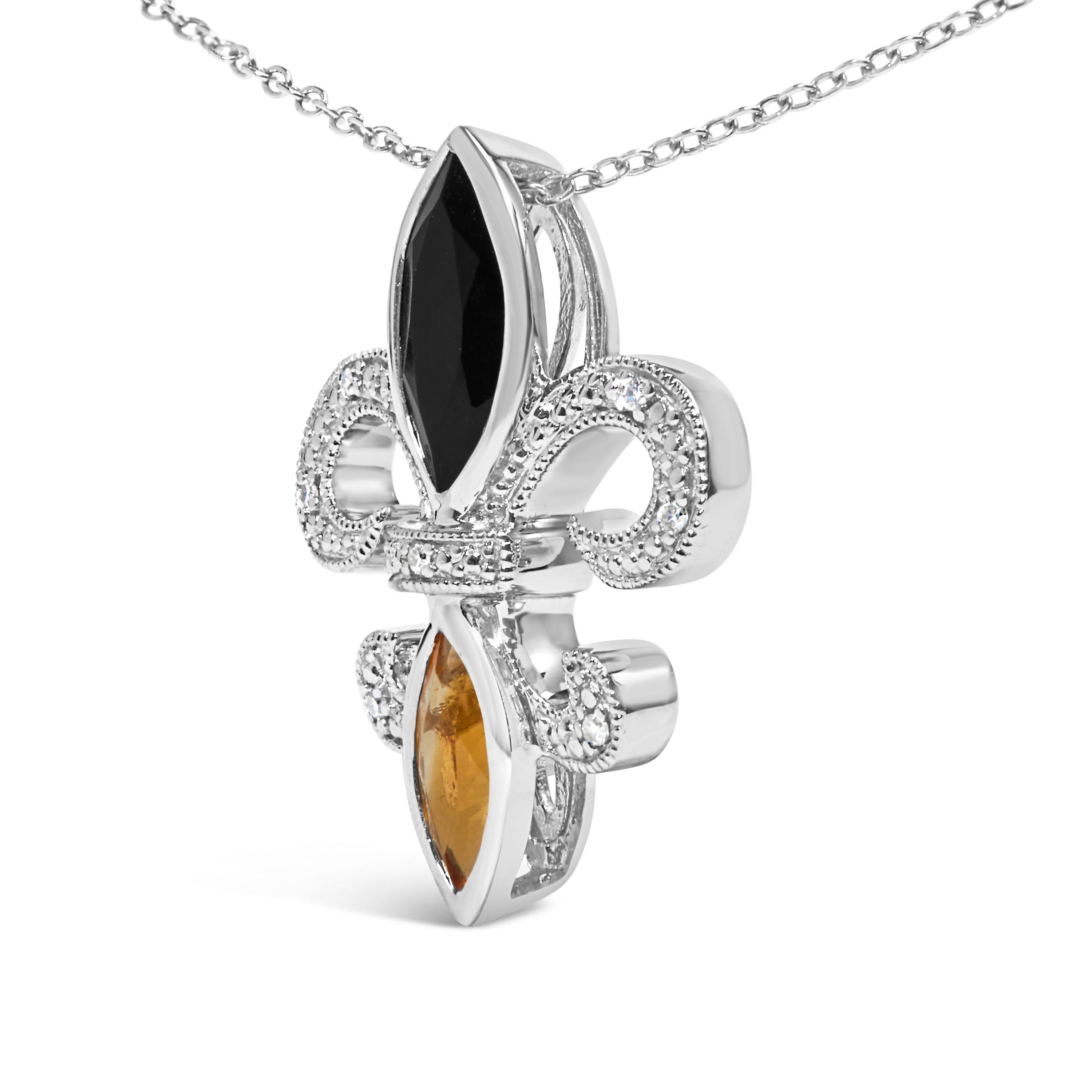 .925 Sterling Silver Marquise Onyx and Citrine and Diamond Accent Fleur De Lis Pendant Necklace (H-I Color, SI1-SI2 Clarity) - 18" DestGlow