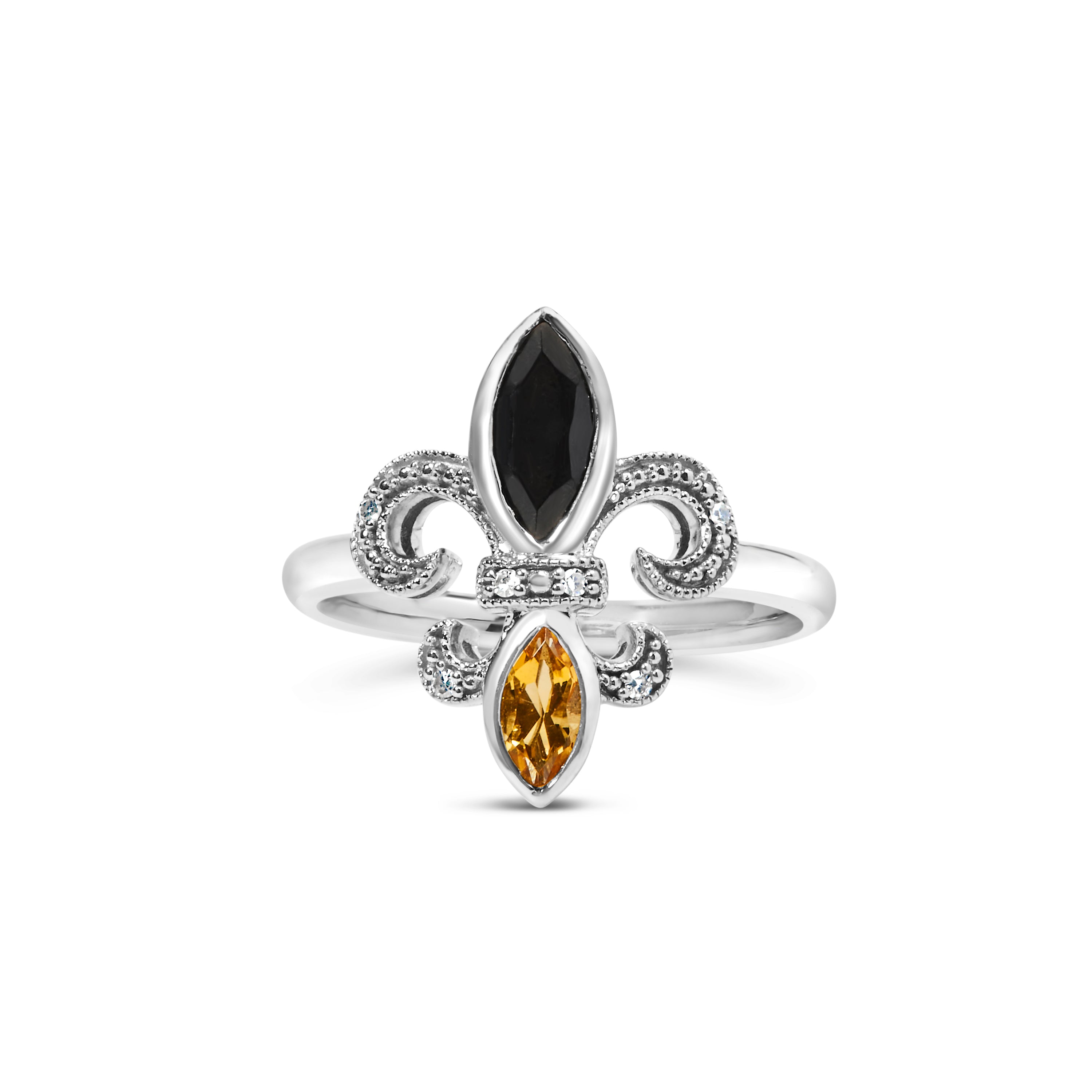 .925 Sterling Silver Black Onyx and Yellow Citrine Marquise and Diamond Accent Fleur De Lis Ring (H-I Color, SI1-SI2 Clarity) - Size 7 DestGlow