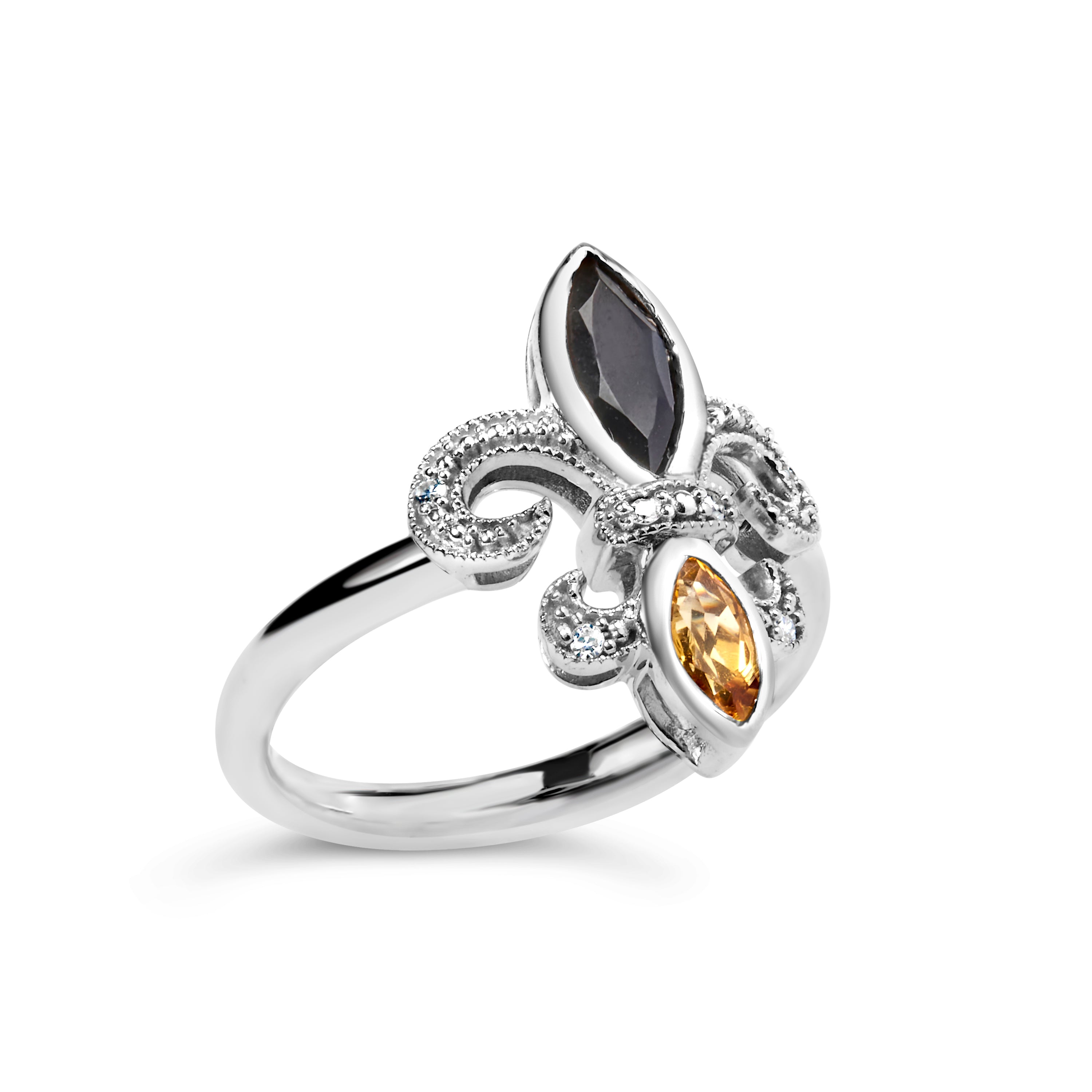 .925 Sterling Silver Black Onyx and Yellow Citrine Marquise and Diamond Accent Fleur De Lis Ring (H-I Color, SI1-SI2 Clarity) - Size 7 DestGlow