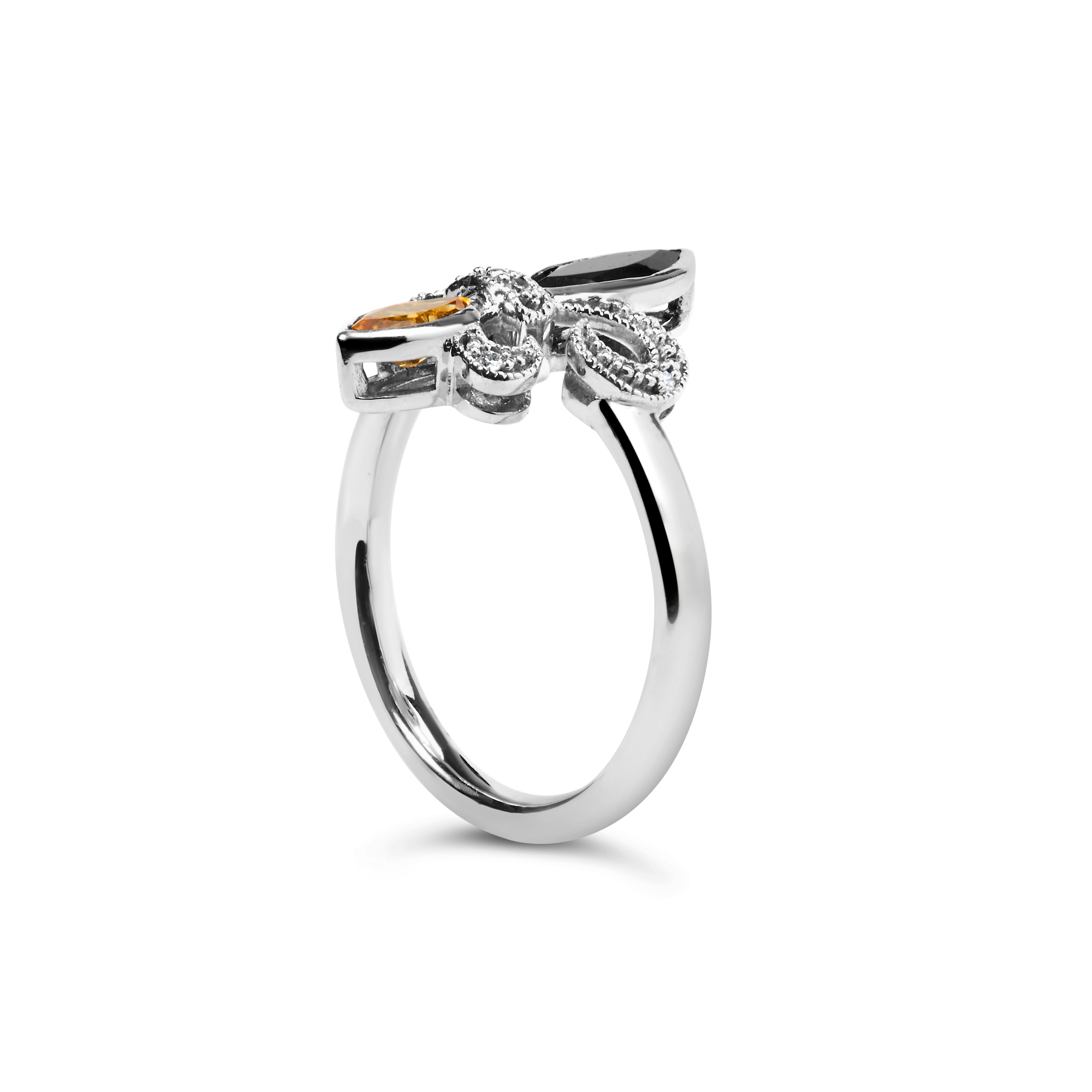 .925 Sterling Silver Black Onyx and Yellow Citrine Marquise and Diamond Accent Fleur De Lis Ring (H-I Color, SI1-SI2 Clarity) - Size 7 DestGlow