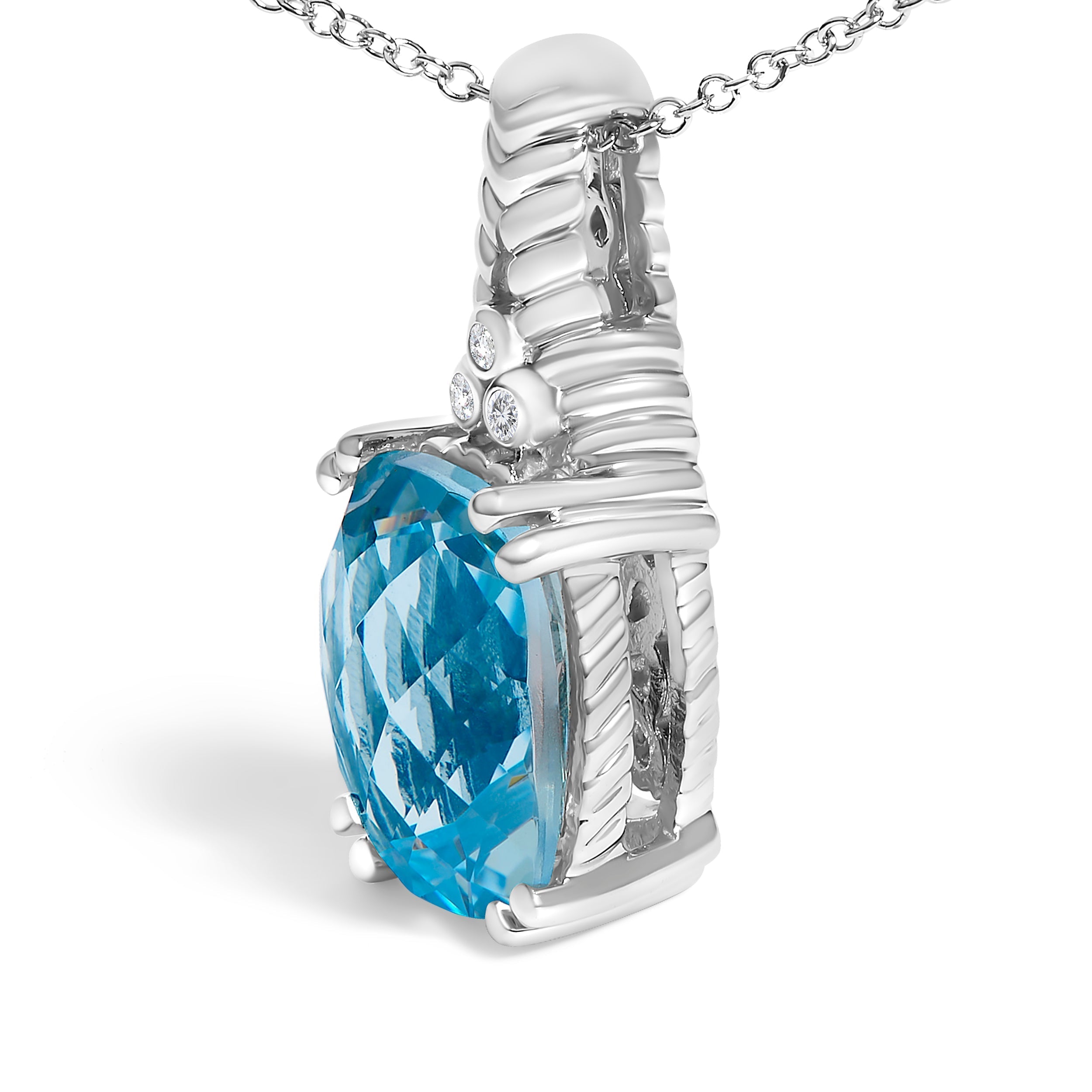 .925 Sterling Silver Blue Topaz and Diamond Accent Textured Pendant Necklace - 18" Inches DestGlow