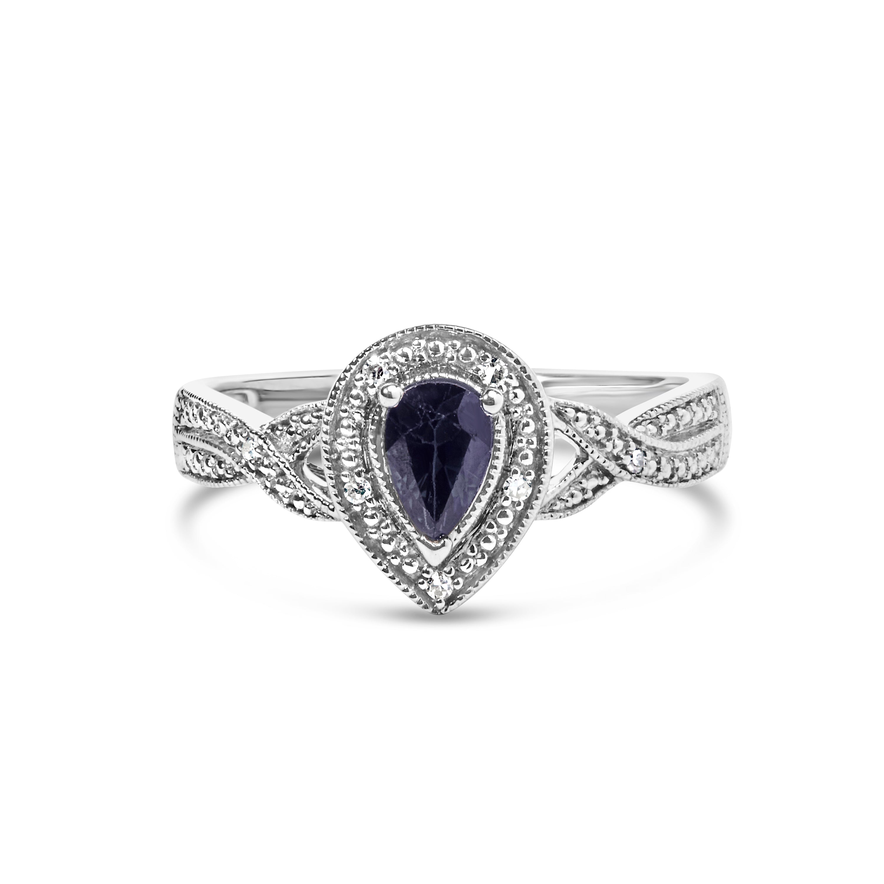 .925 Sterling Silver 6x4mm Pear Sapphire Gemstone with Diamond Accent Fashion Halo Ring (H-I Color, SI1-SI2 Clarity) - Size 7 DestGlow