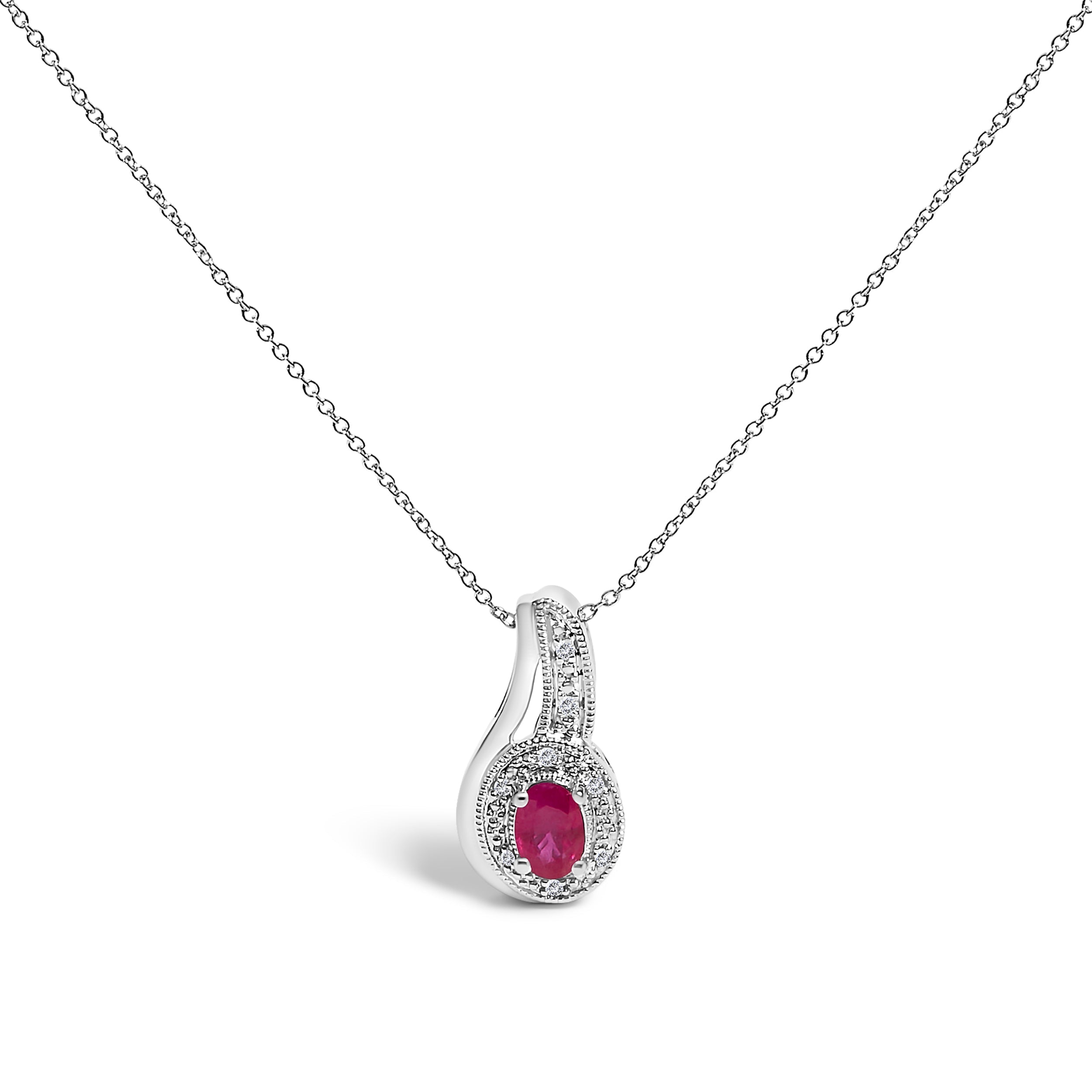 .925 Sterling Silver Red Ruby and Diamond Accent Milgrain Swirl Pendant Necklace - 18" Inches DestGlow