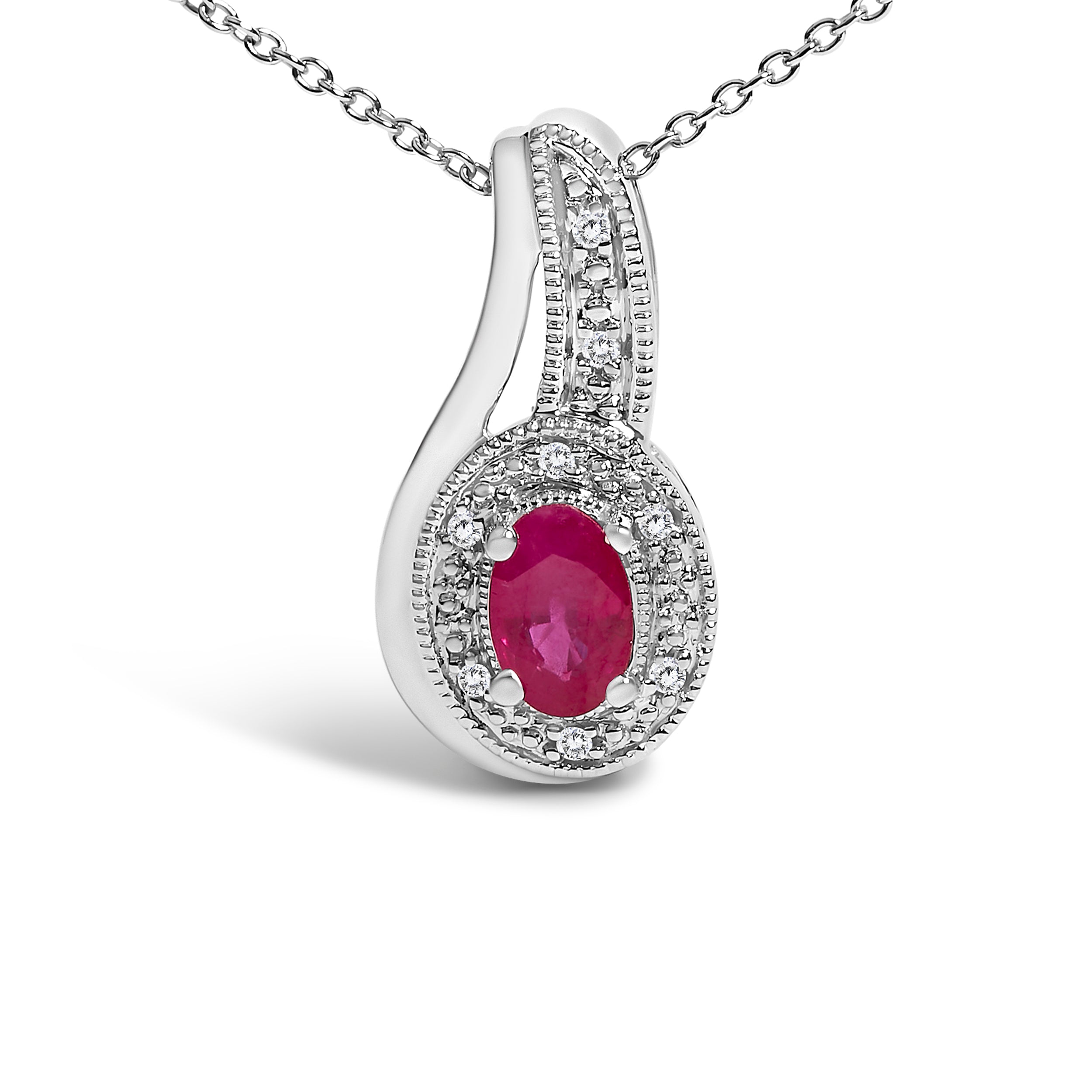 .925 Sterling Silver Red Ruby and Diamond Accent Milgrain Swirl Pendant Necklace - 18" Inches DestGlow