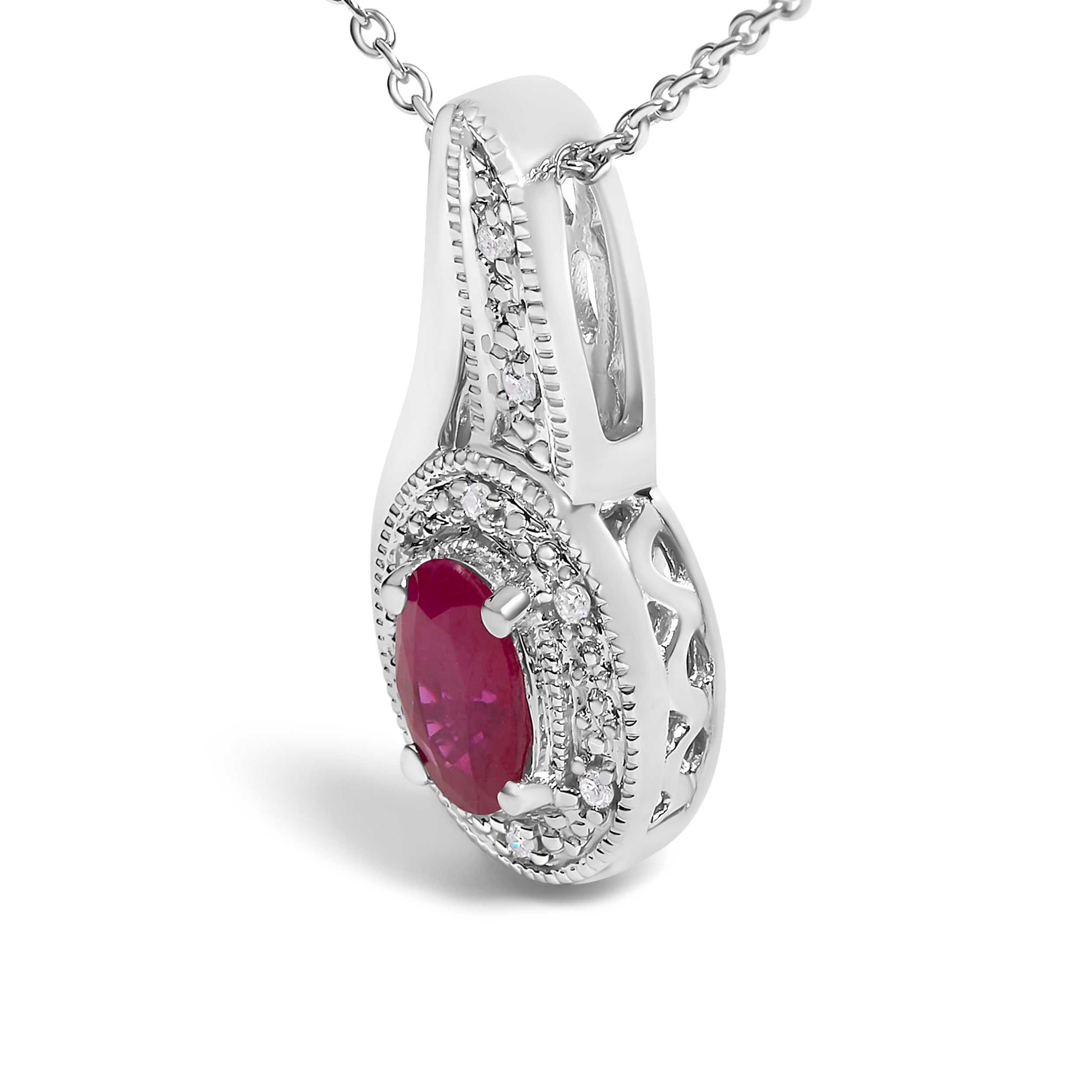 .925 Sterling Silver Red Ruby and Diamond Accent Milgrain Swirl Pendant Necklace - 18" Inches DestGlow