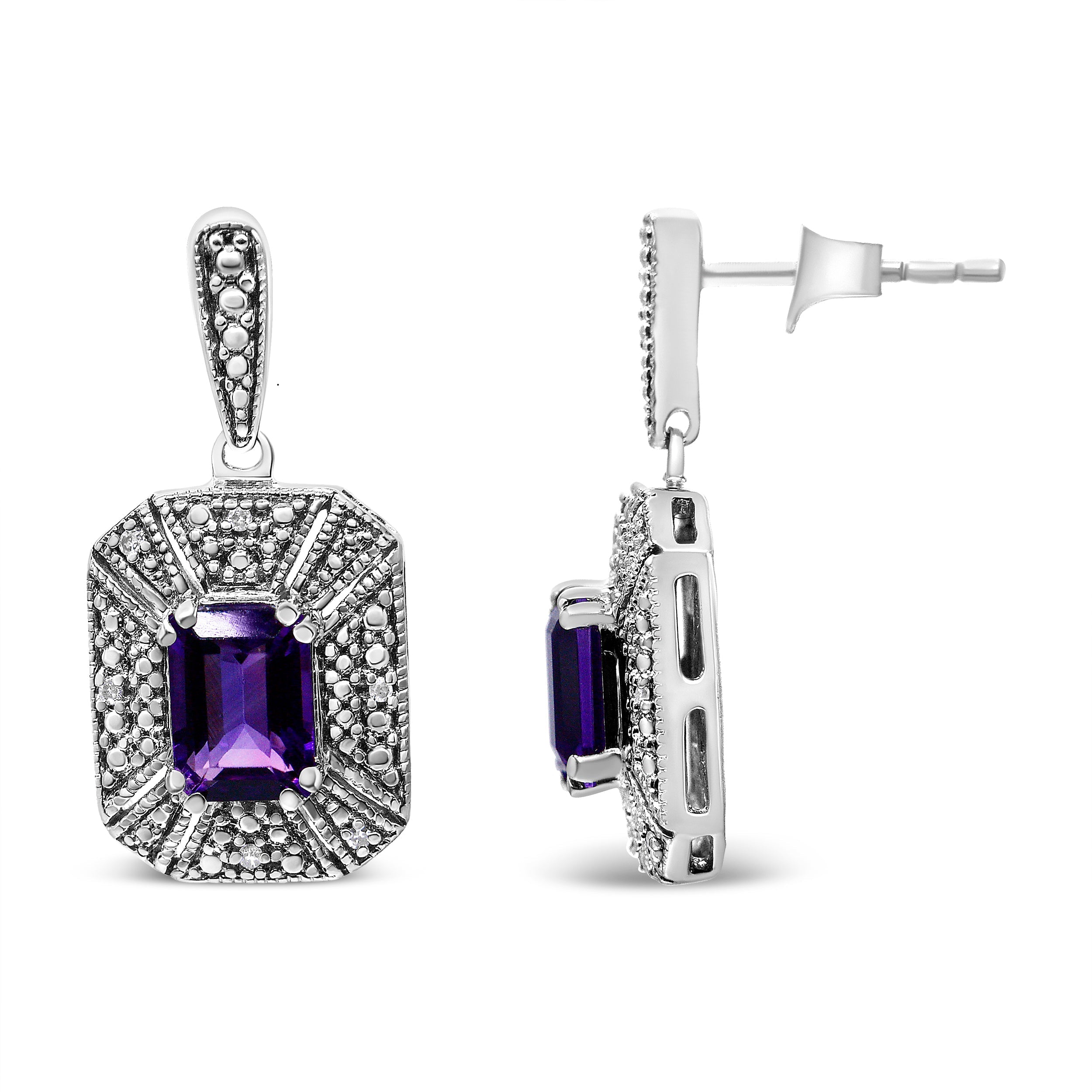 .925 Sterling Silver Diamond Accent and 7x5mm Purple Amethyst Stud Earrings (I-J Color, I2-I3 Clarity) DestGlow