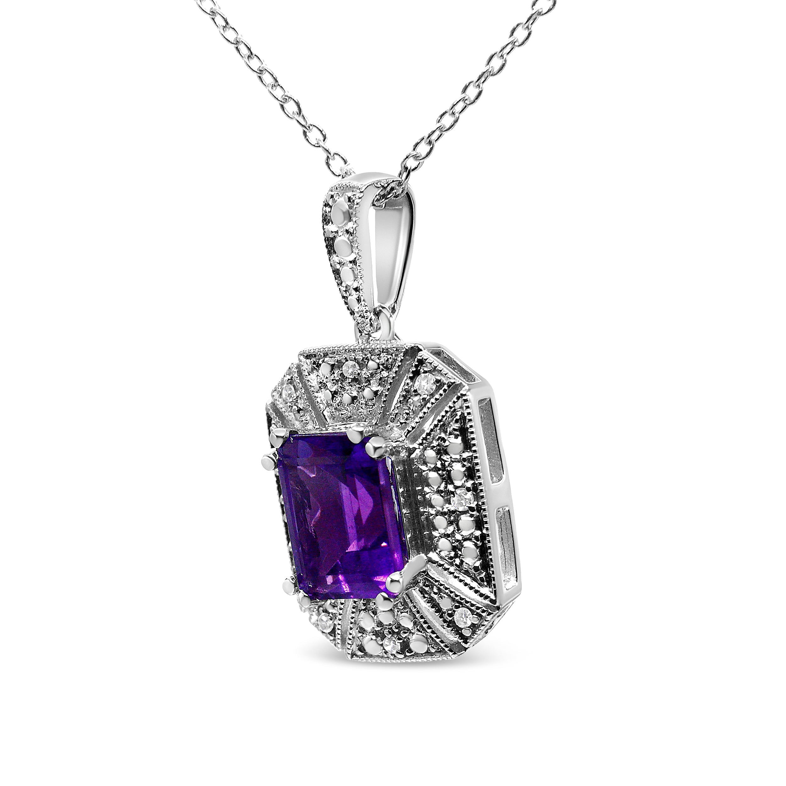 .925 Sterling Silver Purple Amethyst and Diamond Accent Art Deco Style 18" Pendant Necklace (I-J Color, I1-I2 Clarity) DestGlow