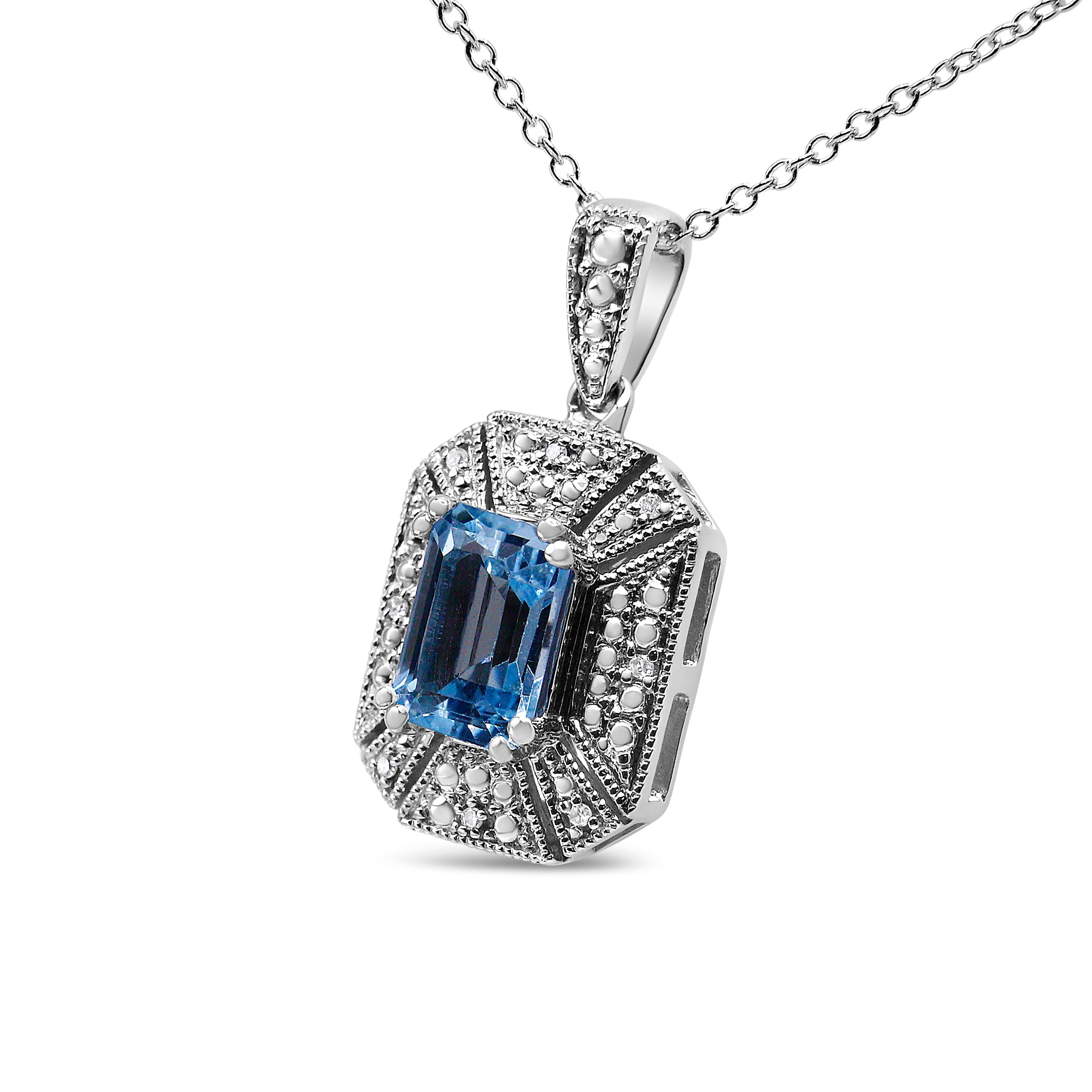 .925 Sterling Silver Blue Topaz and Diamond Accent Art Deco Style 18" Pendant Necklace (I-J Color, I1-I2 Clarity) DestGlow