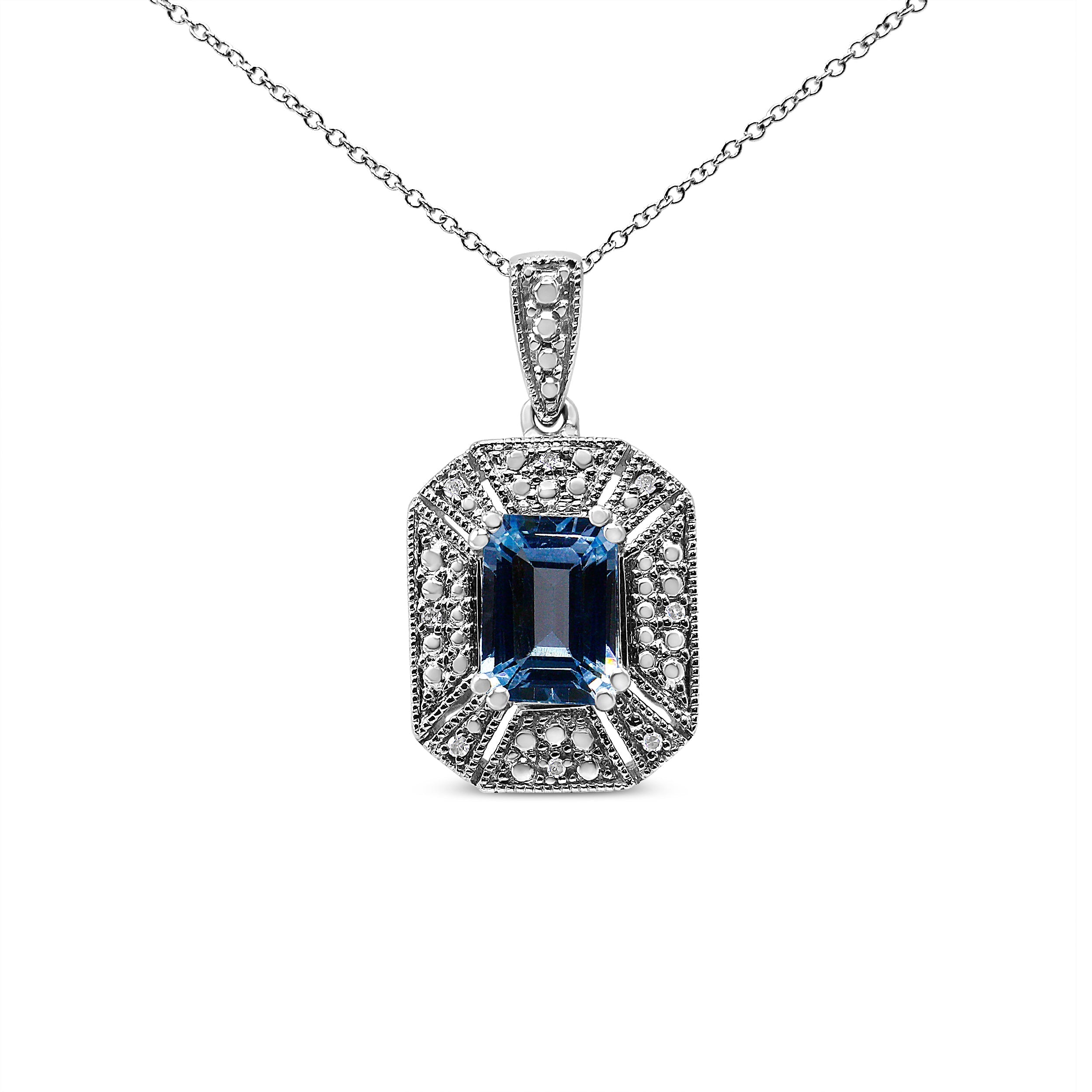 .925 Sterling Silver Blue Topaz and Diamond Accent Art Deco Style 18" Pendant Necklace (I-J Color, I1-I2 Clarity) DestGlow