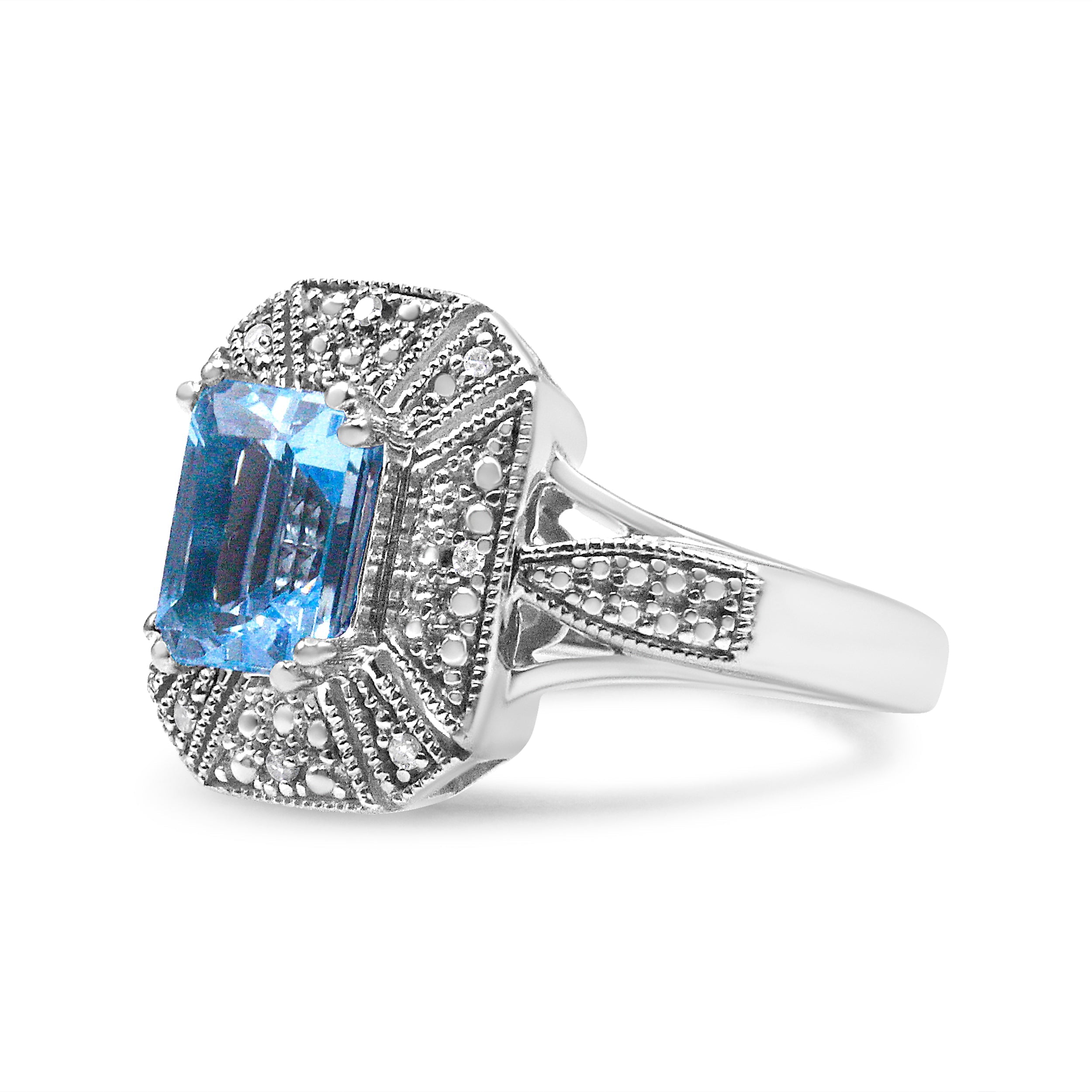 .925 Sterling Silver Diamond Accent and 8X6 mm Emerald-Shape Blue Topaz Ring (I-J Color, I2-I3 Clarity) - Ring Size 7 DestGlow