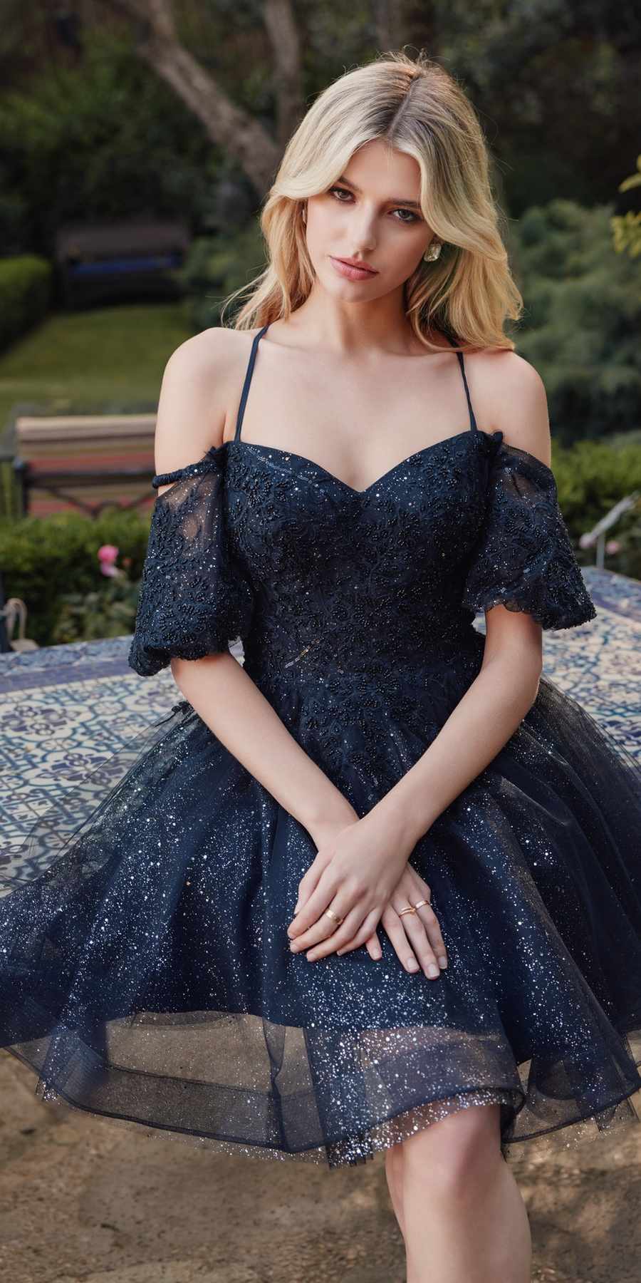 Juliet 886 Short Removable Off Shoulder Puff Sleeves A-Line Tulle Dress by DiscountDressShop