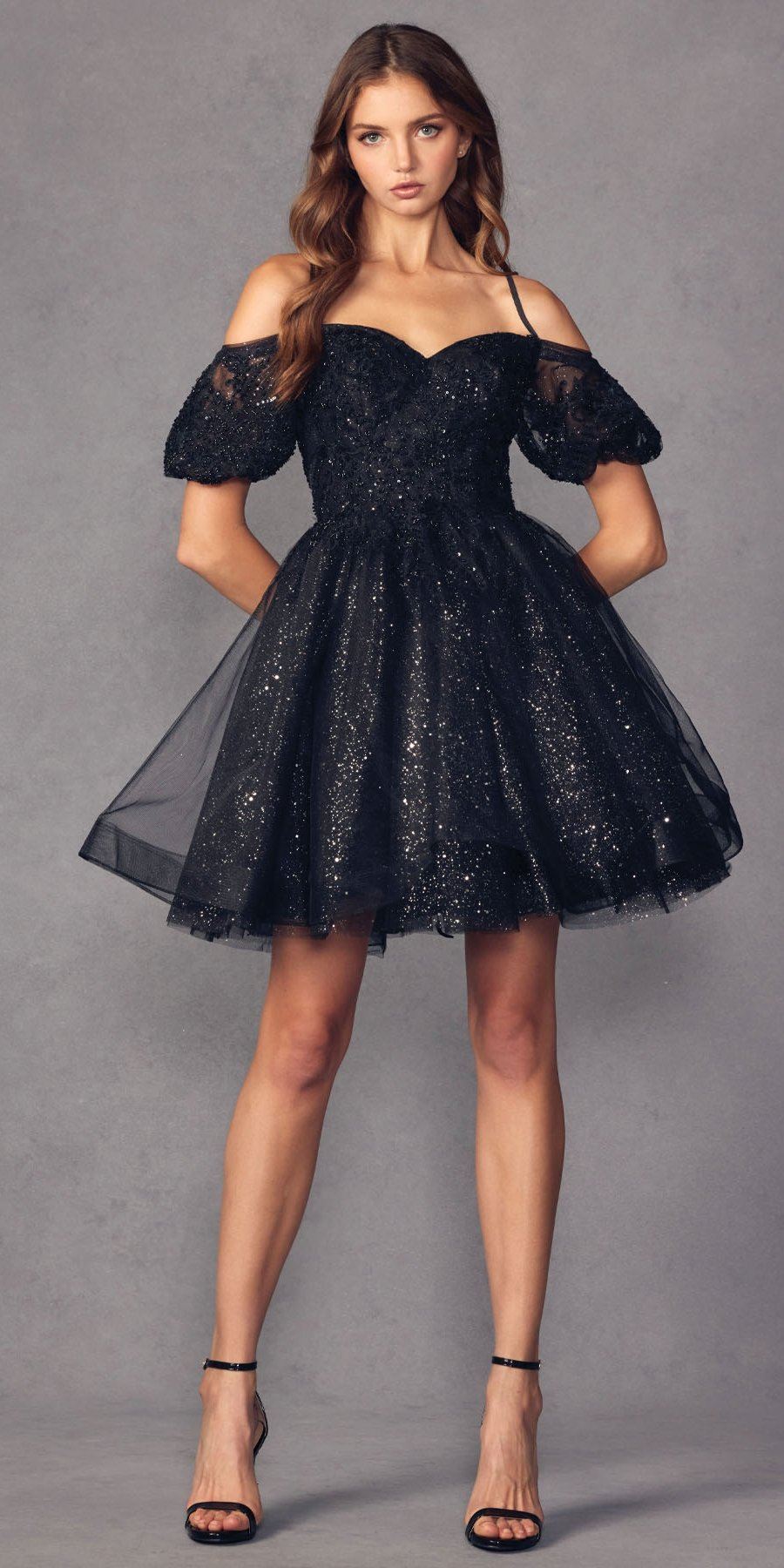 Juliet 886 Short Removable Off Shoulder Puff Sleeves A-Line Tulle Dress by DiscountDressShop