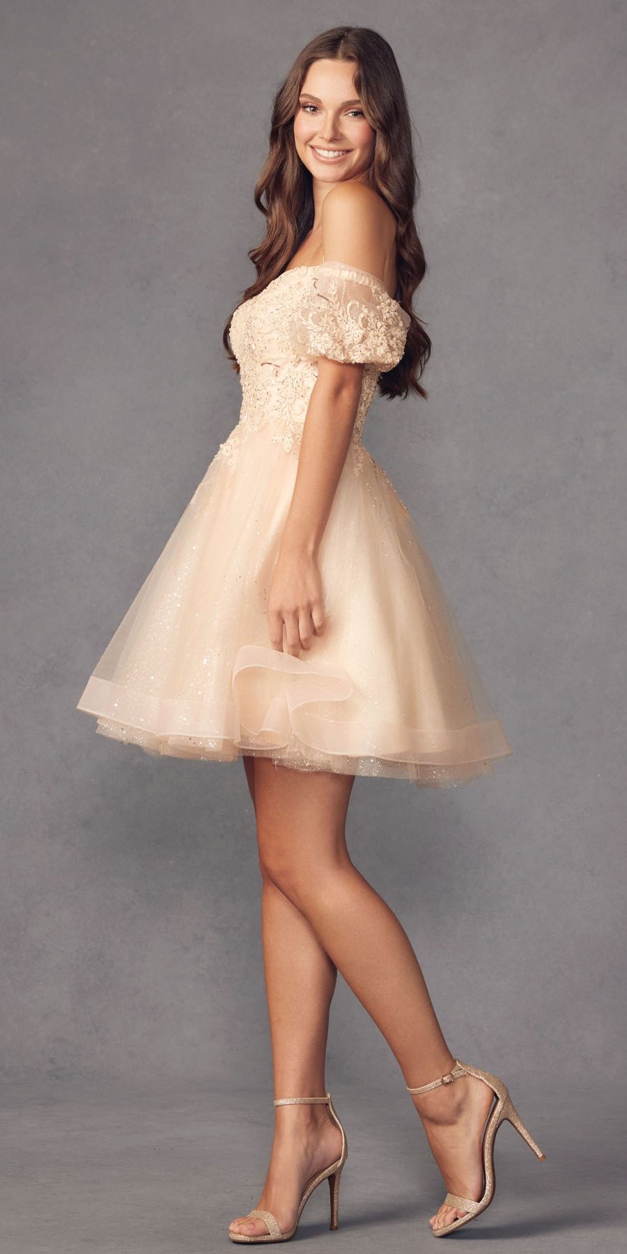 Juliet 886 Short Removable Off Shoulder Puff Sleeves A-Line Tulle Dress by DiscountDressShop