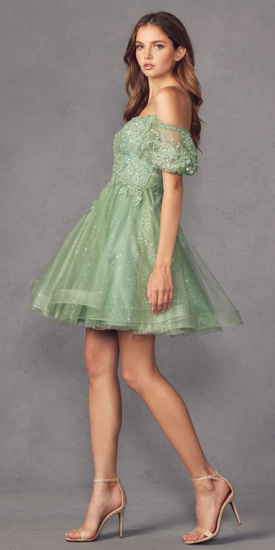 Juliet 886 Short Removable Off Shoulder Puff Sleeves A-Line Tulle Dress by DiscountDressShop