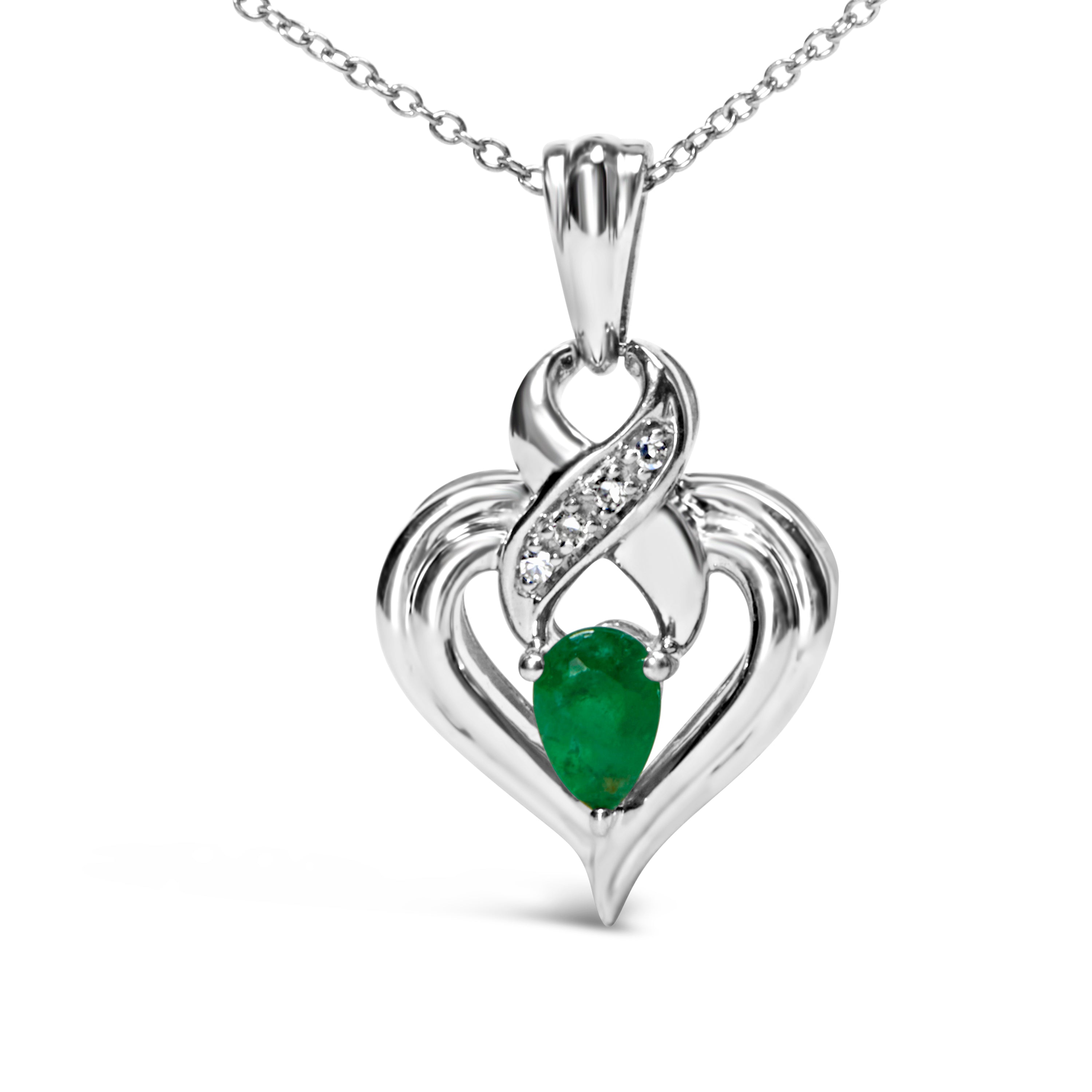 .925 Sterling Silver 6x4mm Pear Emerald and Diamond Accent Heart Pendant Necklace (H-I Color, SI1-SI2 Clarity) - 18 Inches DestGlow