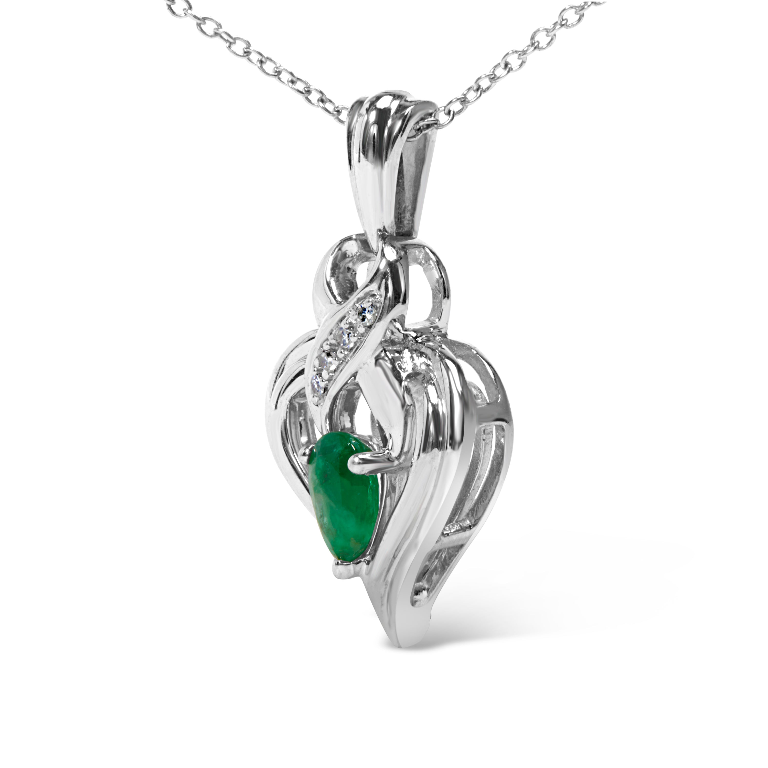 .925 Sterling Silver 6x4mm Pear Emerald and Diamond Accent Heart Pendant Necklace (H-I Color, SI1-SI2 Clarity) - 18 Inches DestGlow