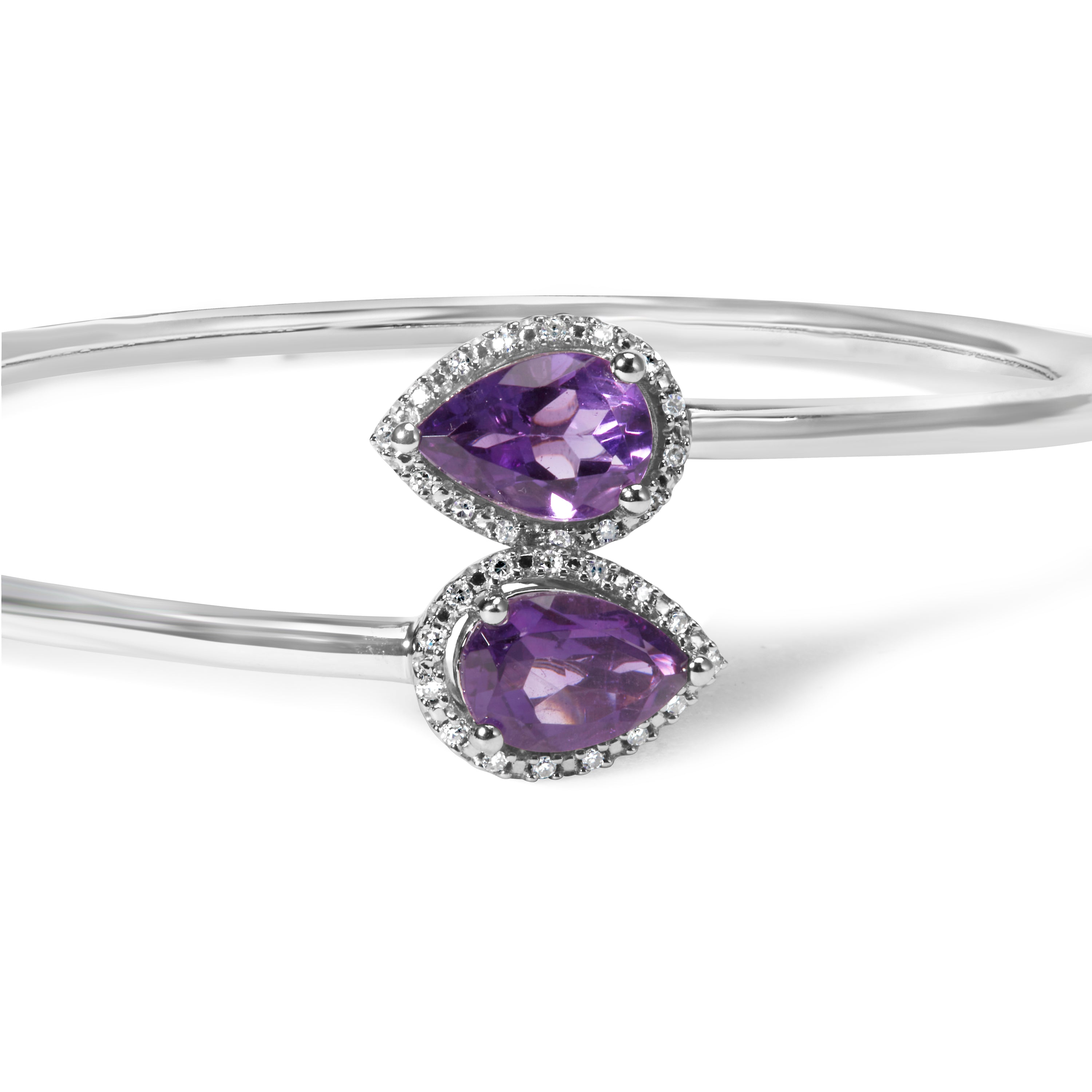 .925 Sterling Silver 8 x 5.5mm Pear Shape Amethyst and Diamond Accent Halo Bypass Bangle Bracelet (H-I Color, SI1-SI2 Clarity) - Fits up to 7" Inches DestGlow