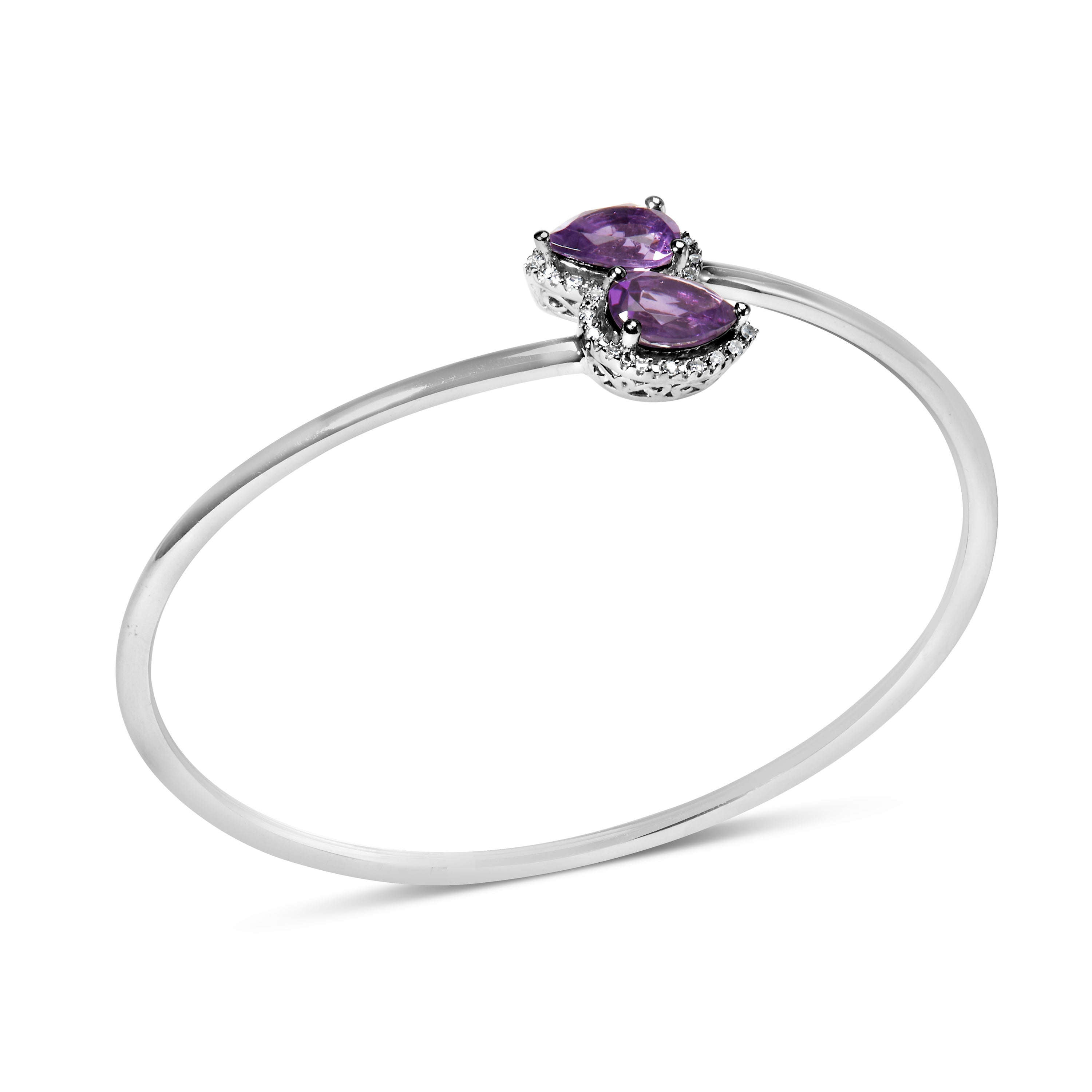 .925 Sterling Silver 8 x 5.5mm Pear Shape Amethyst and Diamond Accent Halo Bypass Bangle Bracelet (H-I Color, SI1-SI2 Clarity) - Fits up to 7" Inches DestGlow