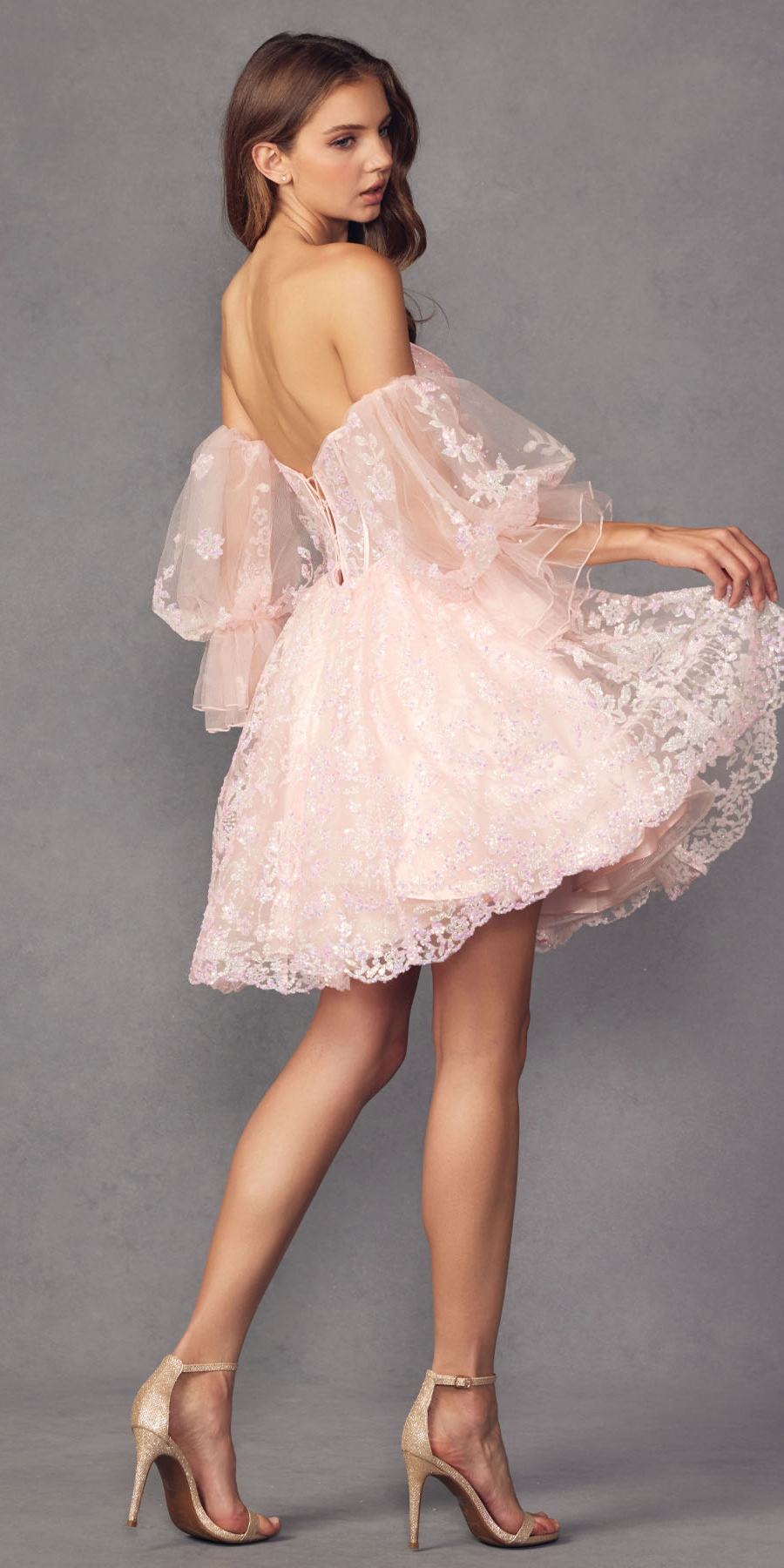 Juliet 895 Short A-Line Glitter Boned Dress Detachable Puff Sleeves by DiscountDressShop