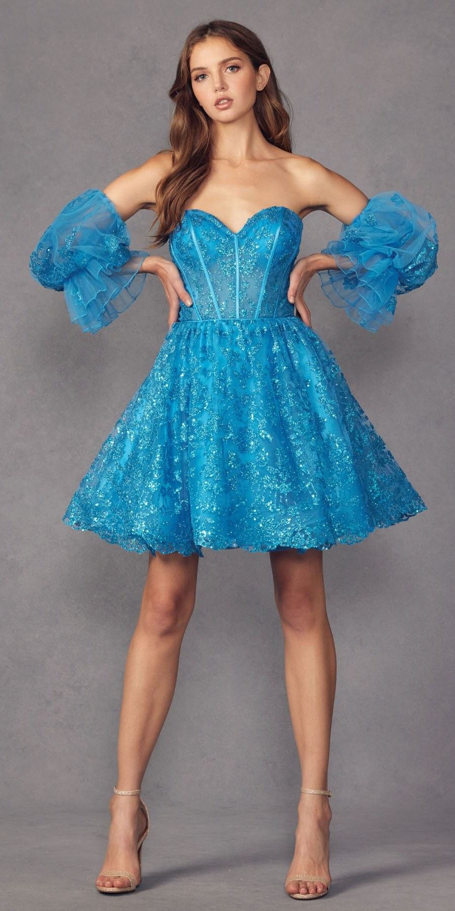 Juliet 895 Short A-Line Glitter Boned Dress Detachable Puff Sleeves by DiscountDressShop