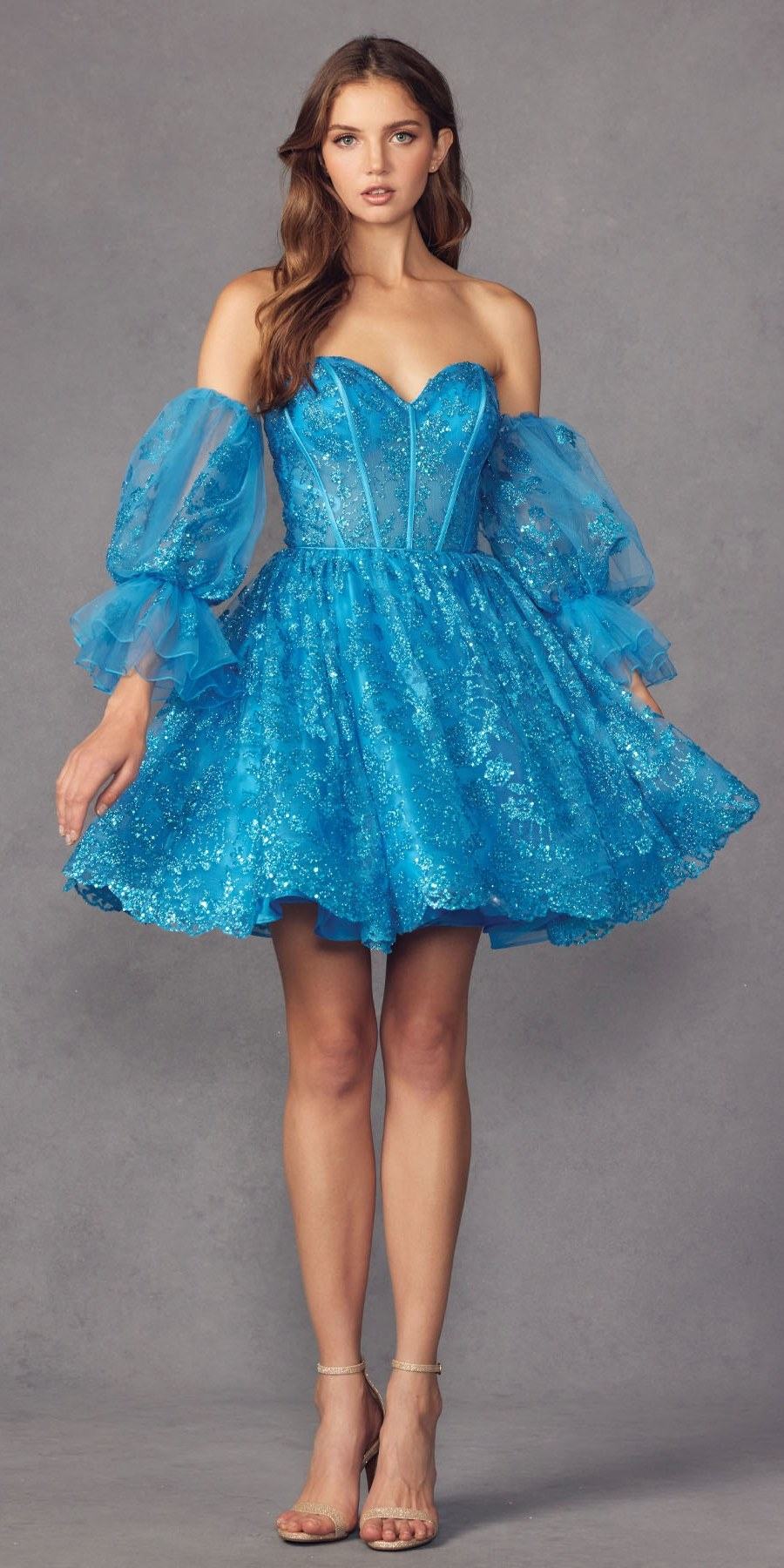 Juliet 895 Short A-Line Glitter Boned Dress Detachable Puff Sleeves by DiscountDressShop