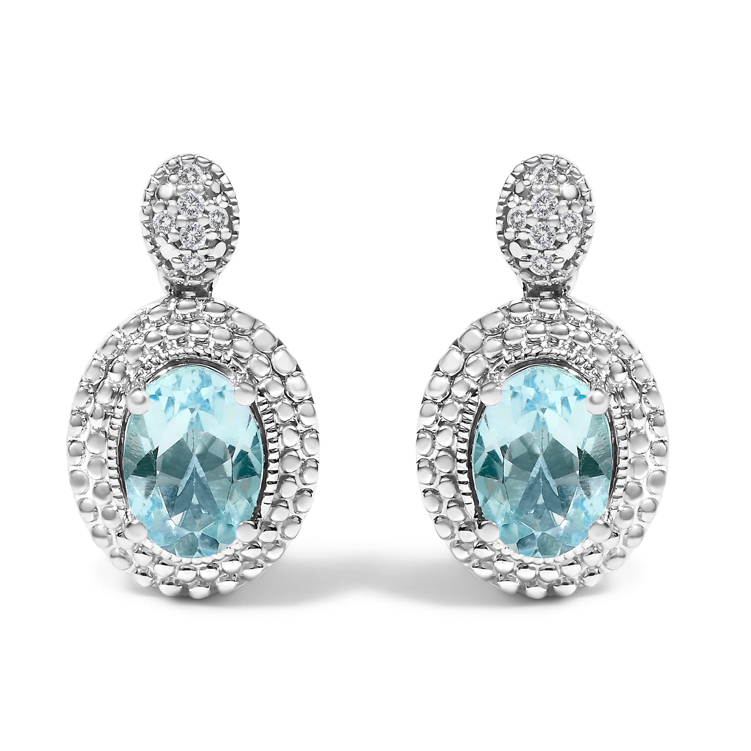 .925 Sterling Silver Diamond Accent and Oval Blue Topaz with Beaded Halo Drop Stud Earrings (I-J color, I1-I2 Clarity) DestGlow