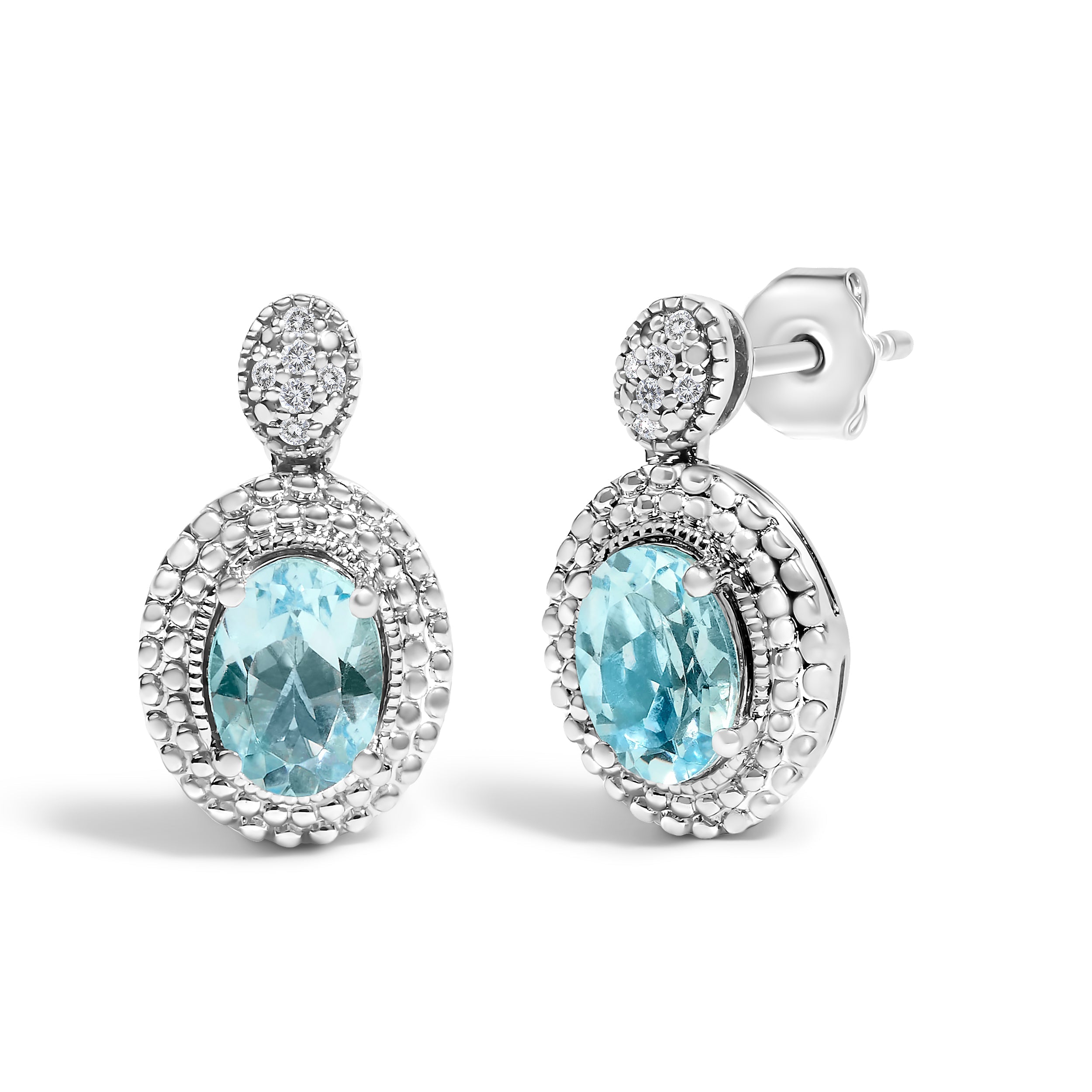 .925 Sterling Silver Diamond Accent and Oval Blue Topaz with Beaded Halo Drop Stud Earrings (I-J color, I1-I2 Clarity) DestGlow